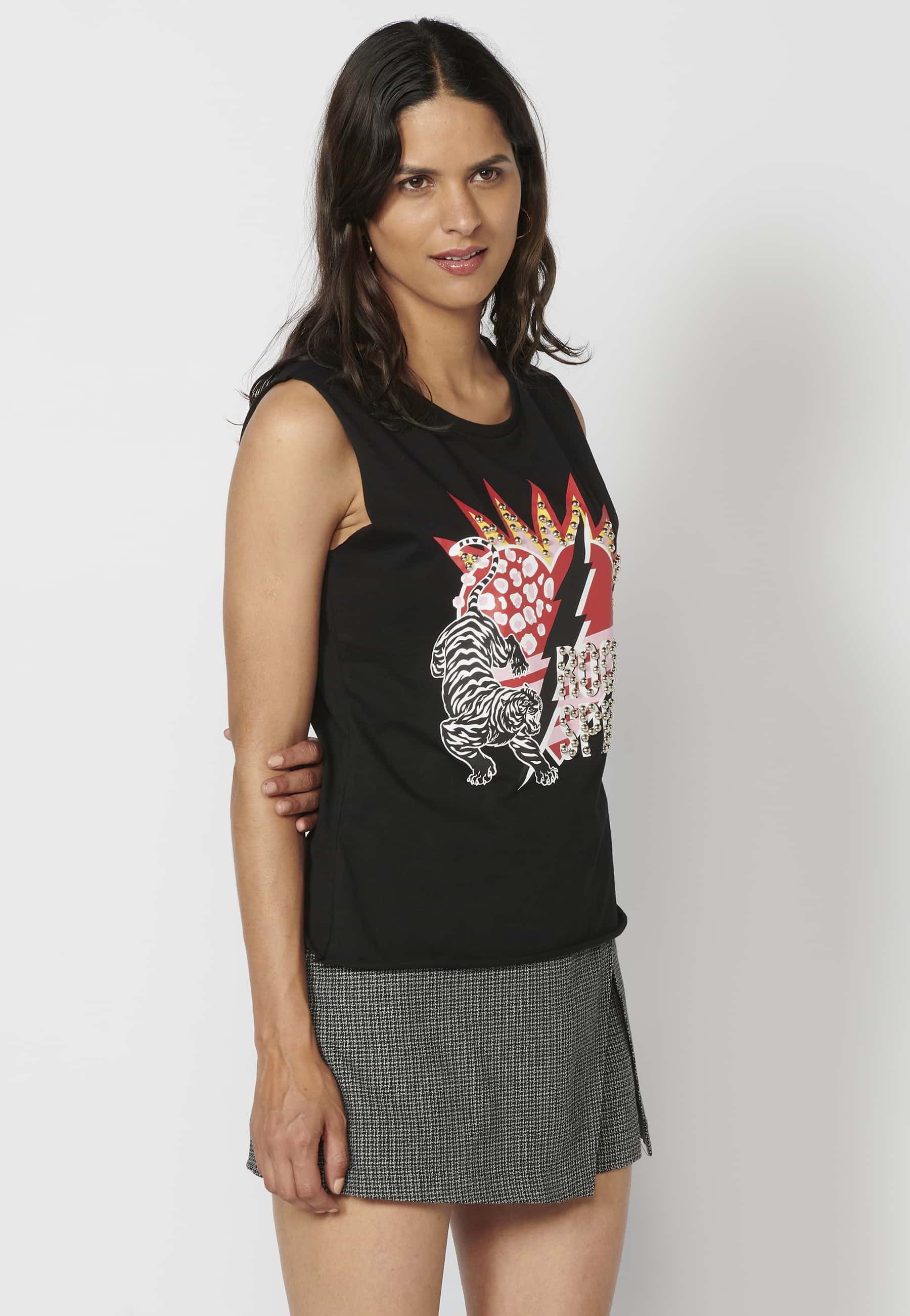 Sleeveless Cotton T-shirt with Black print for Woman