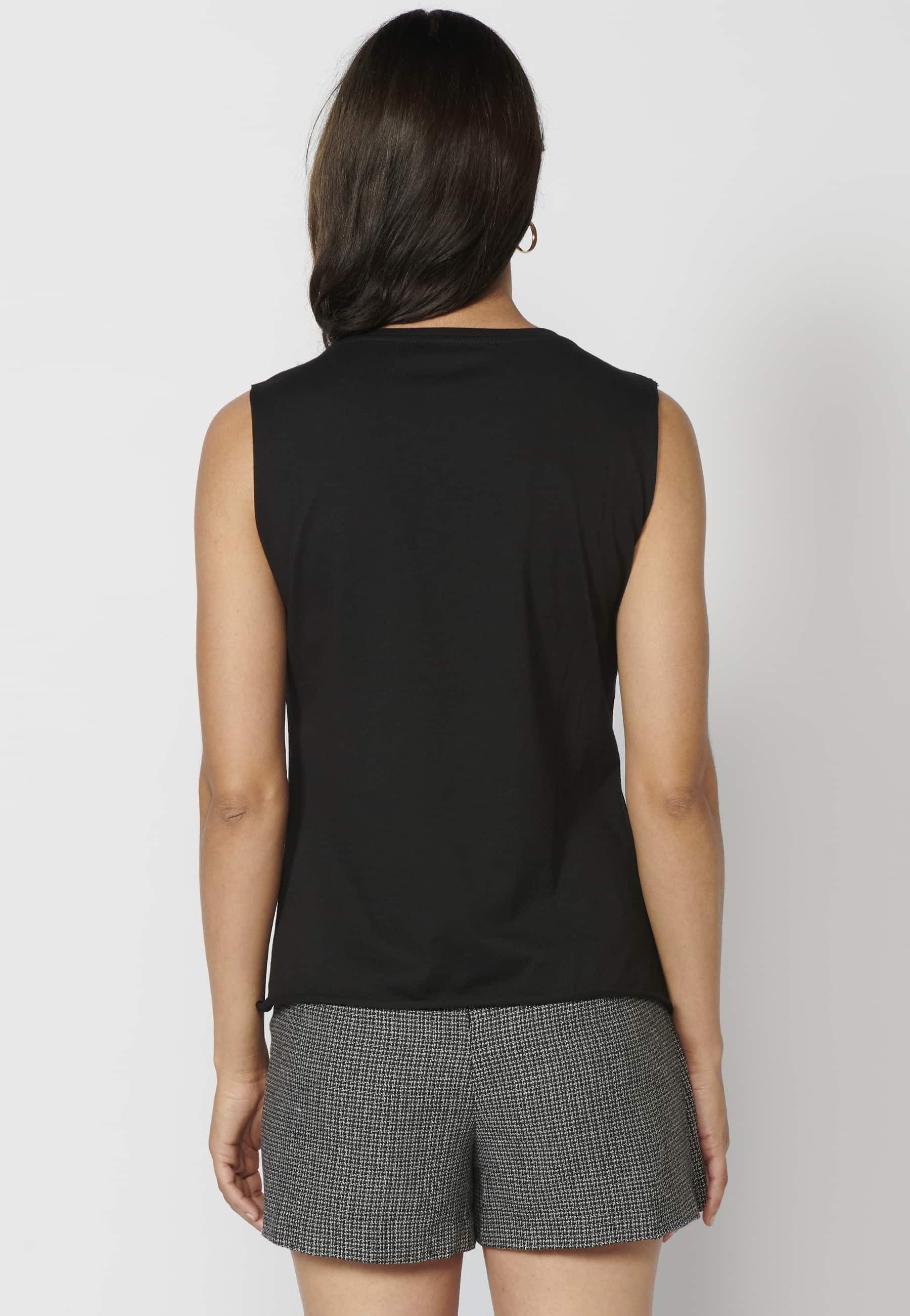 Sleeveless Cotton T-shirt with Black print for Woman