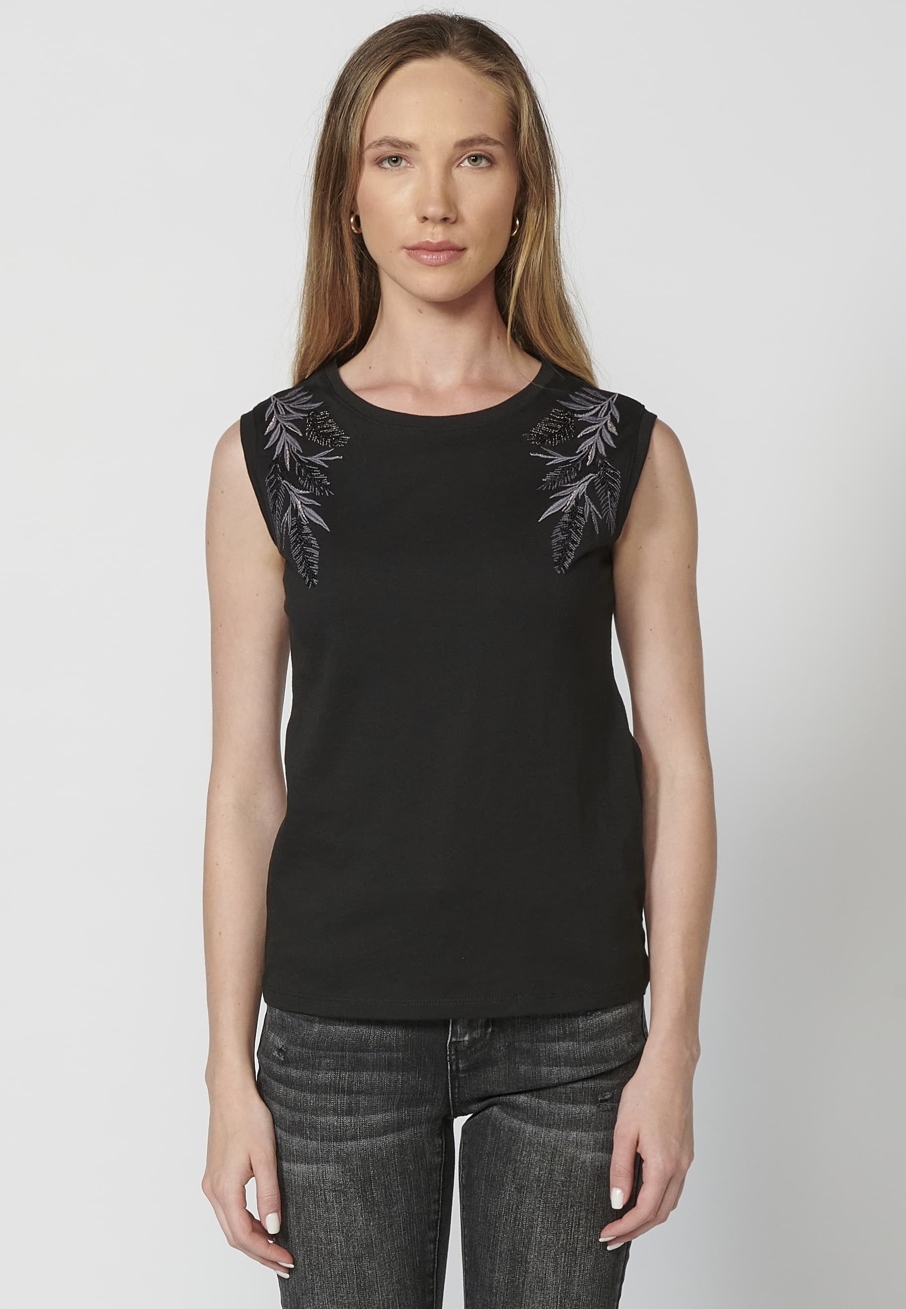T-shirt top sans manches en coton col rond imprimé fleuri noir pour femme 1