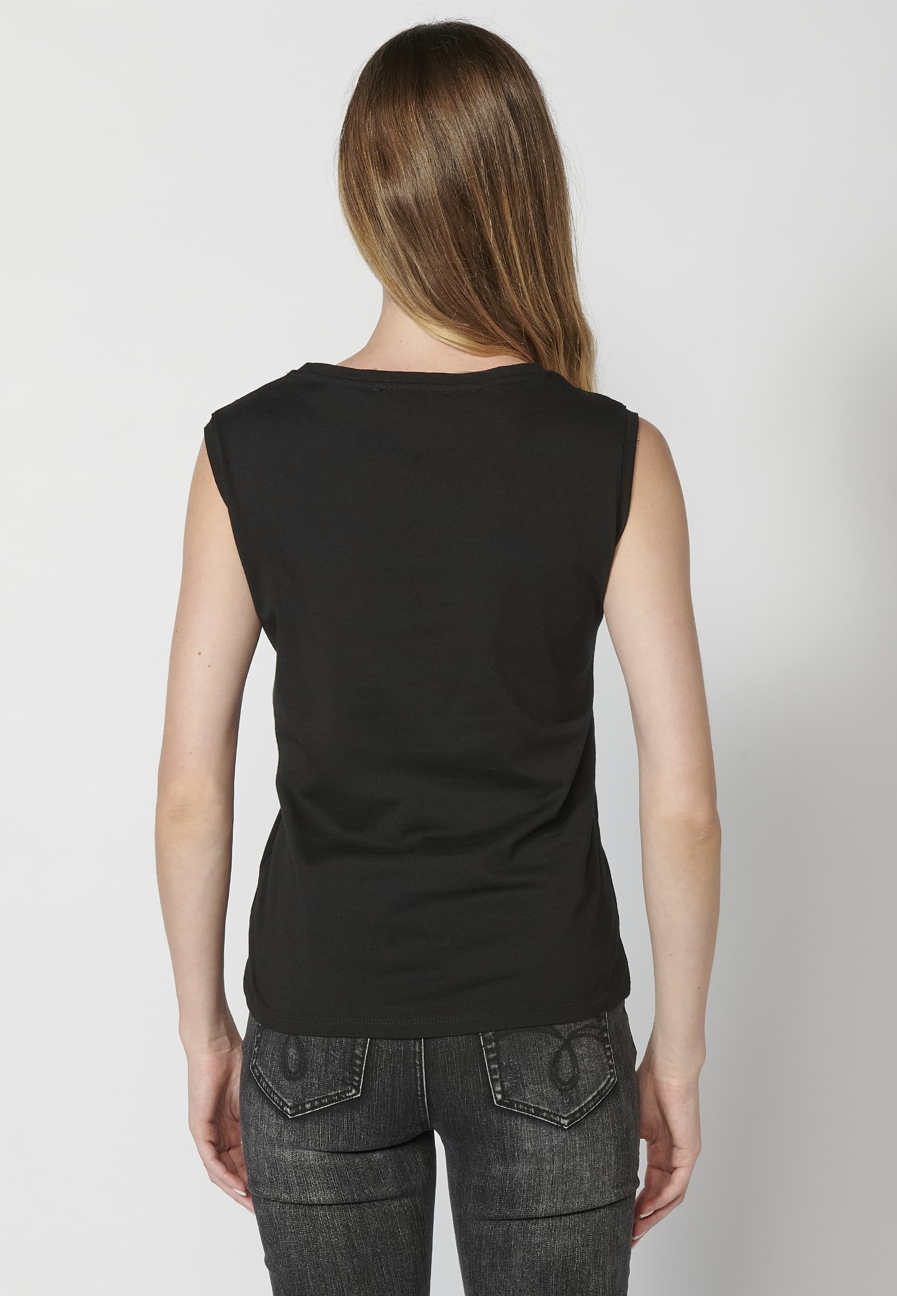 Black floral print round neck cotton sleeveless top T-shirt for women 4