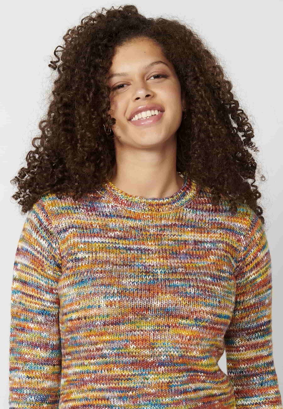 Damen-Strickpullover mit mehrfarbigem Rundhalsausschnitt und langen Ärmeln 4