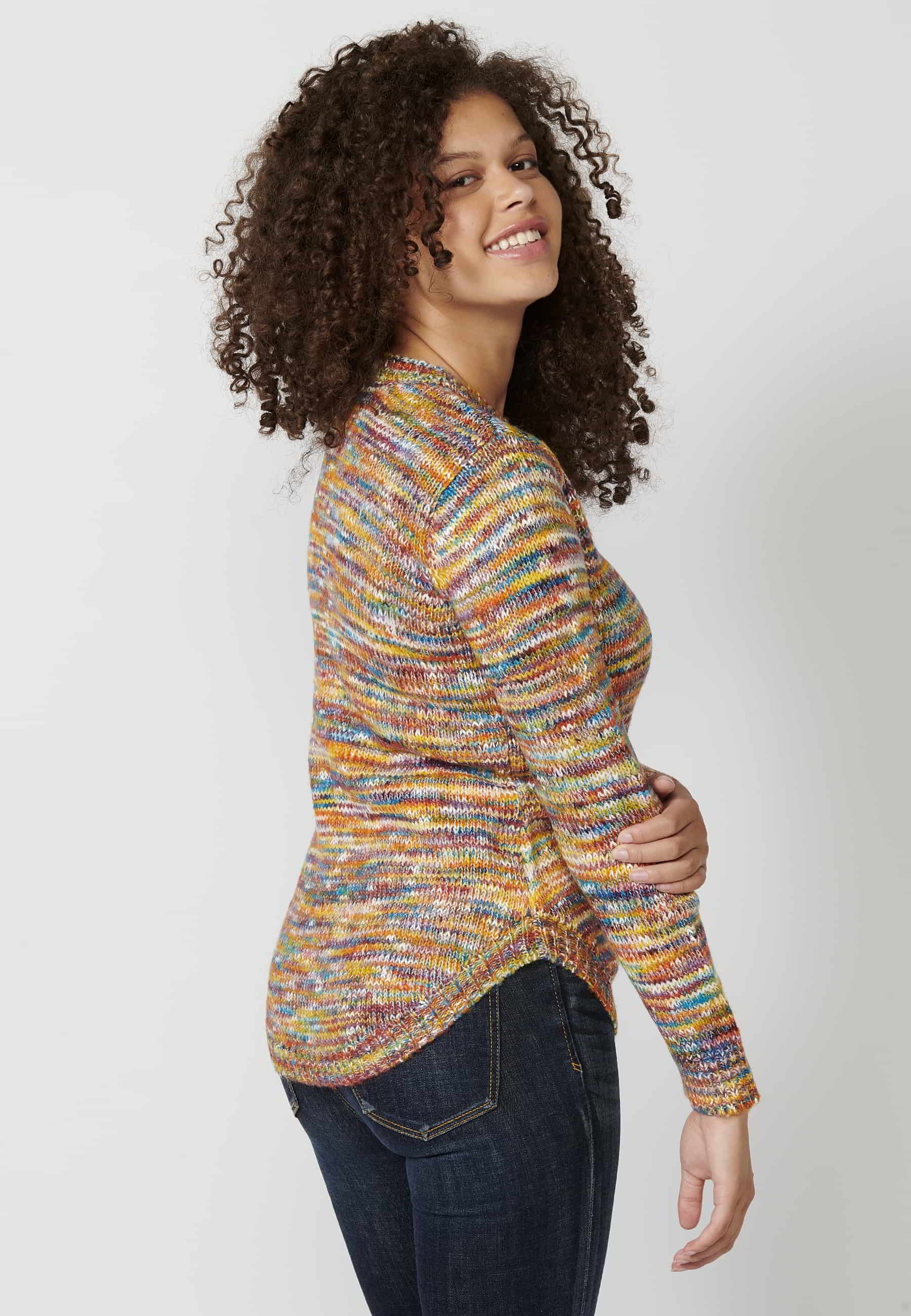 Damen-Strickpullover mit mehrfarbigem Rundhalsausschnitt und langen Ärmeln