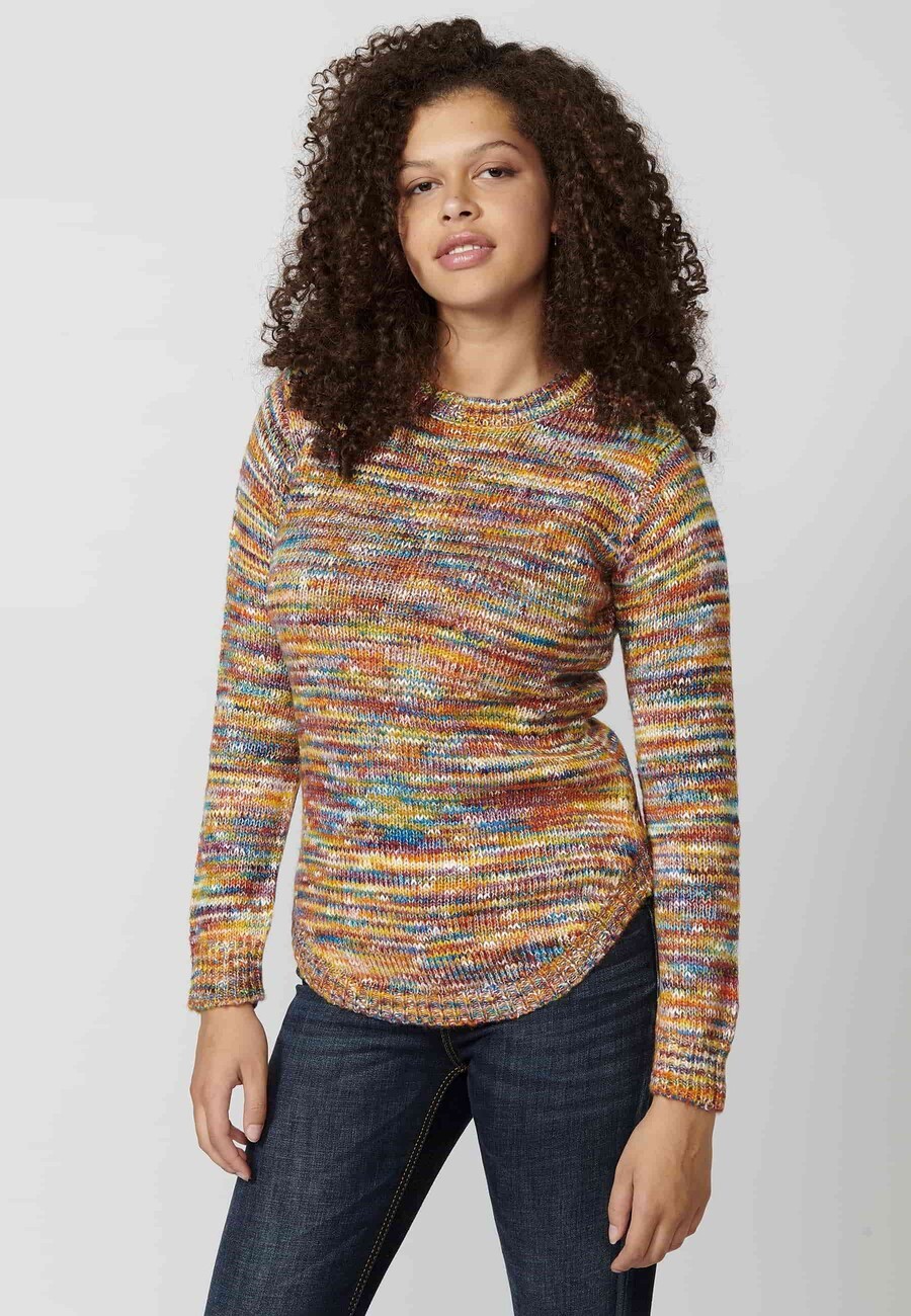 Damen-Strickpullover mit mehrfarbigem Rundhalsausschnitt und langen Ärmeln 7