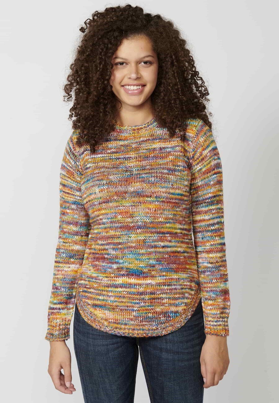 Damen-Strickpullover mit mehrfarbigem Rundhalsausschnitt und langen Ärmeln 6