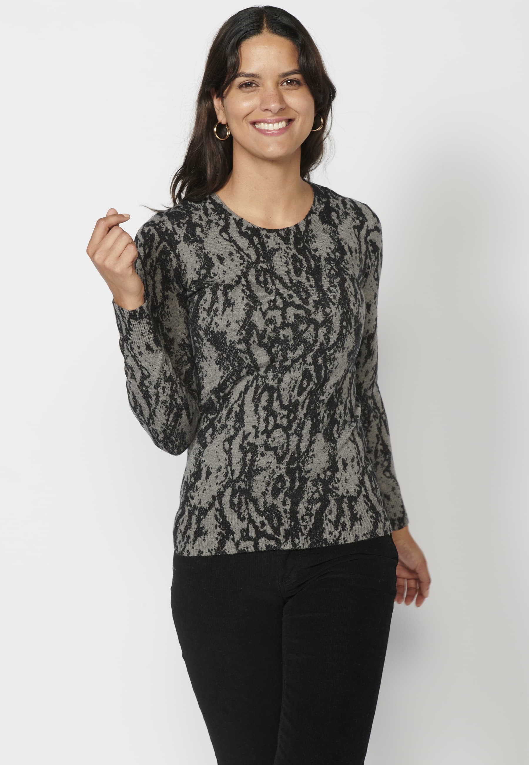 Grauer Langarmpullover mit Animal-Print für Damen