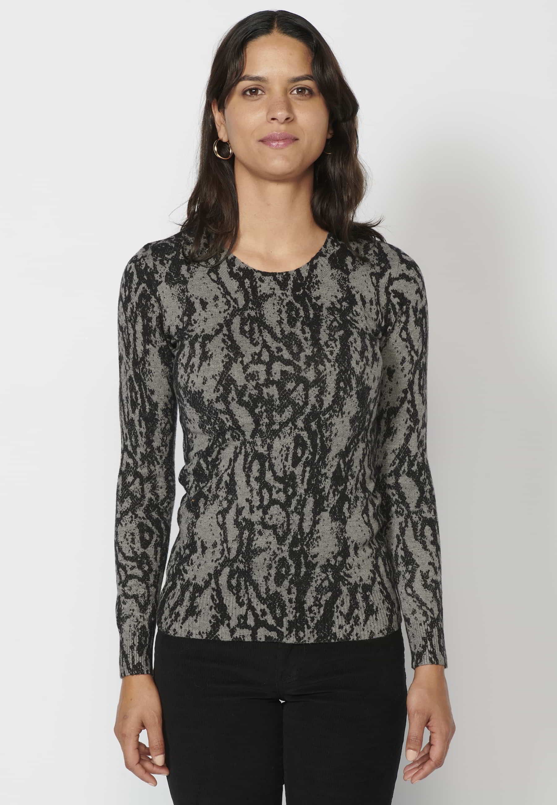 Grauer Langarmpullover mit Animal-Print für Damen
