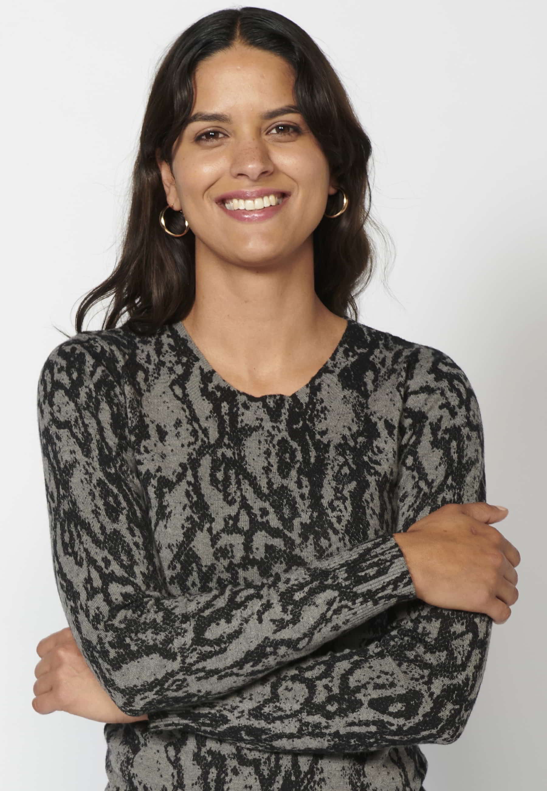Grauer Langarmpullover mit Animal-Print für Damen