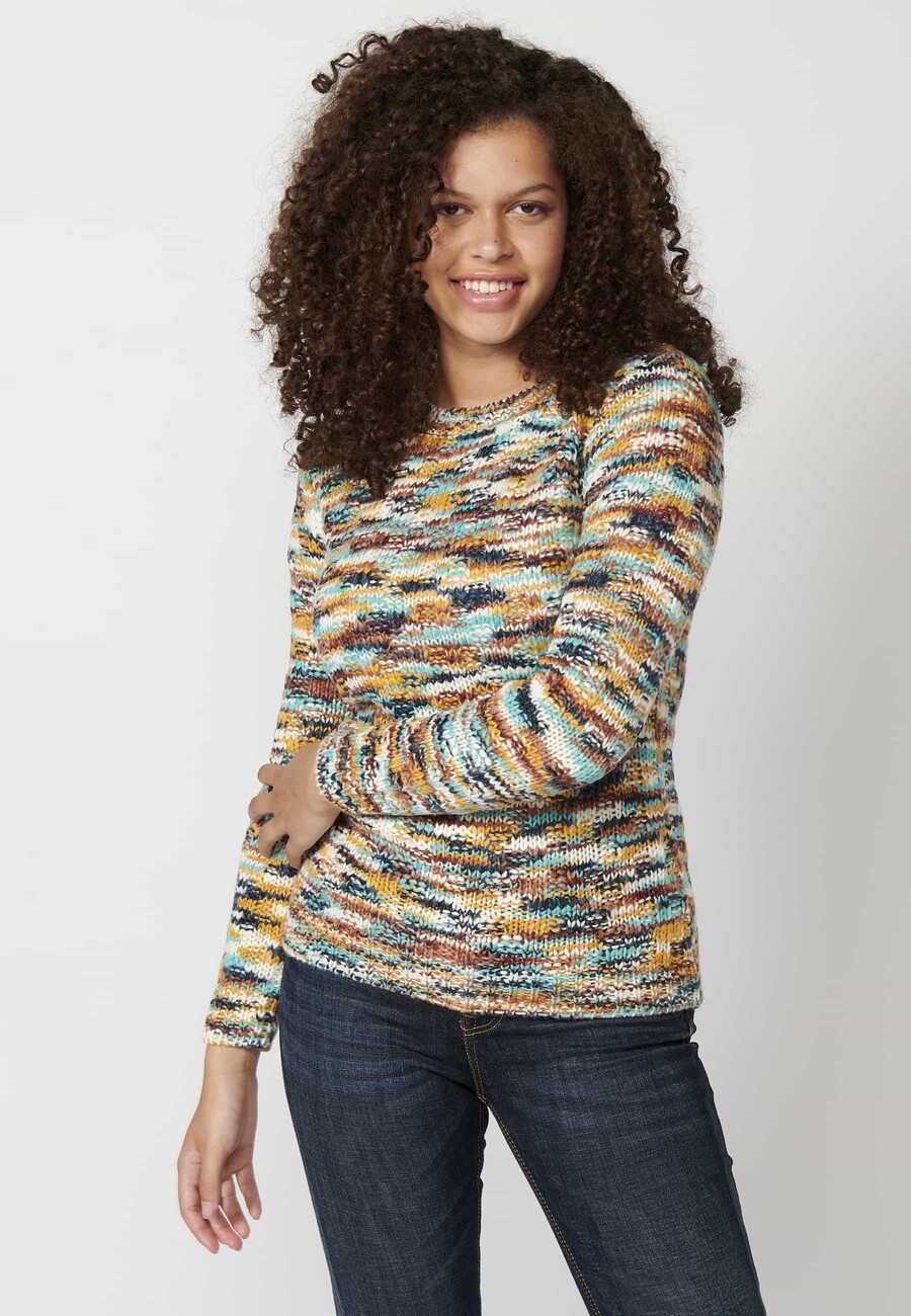 Multicolor Round Neck Long Sleeve Sweater for Women