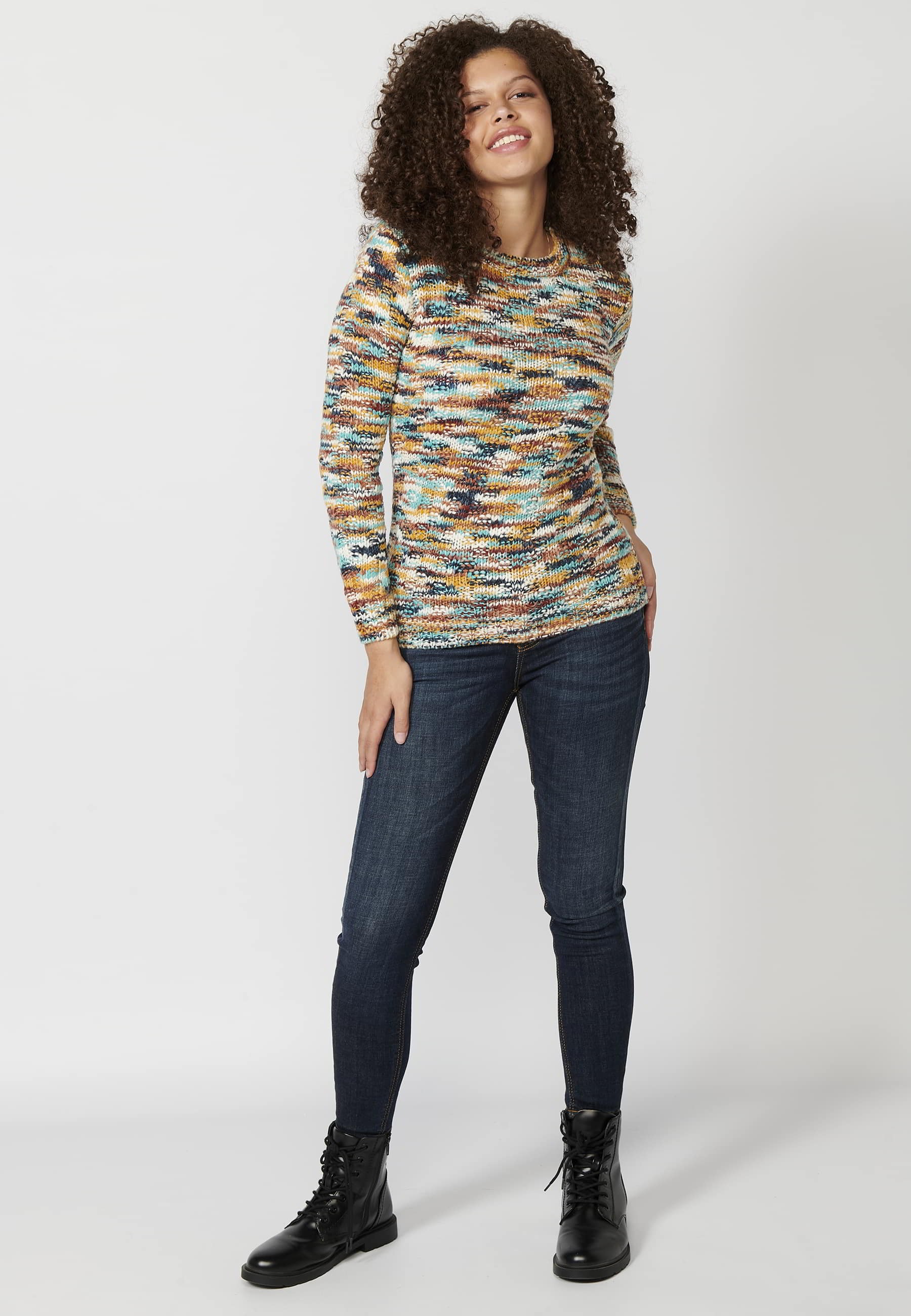 Multicolor Round Neck Long Sleeve Sweater for Women