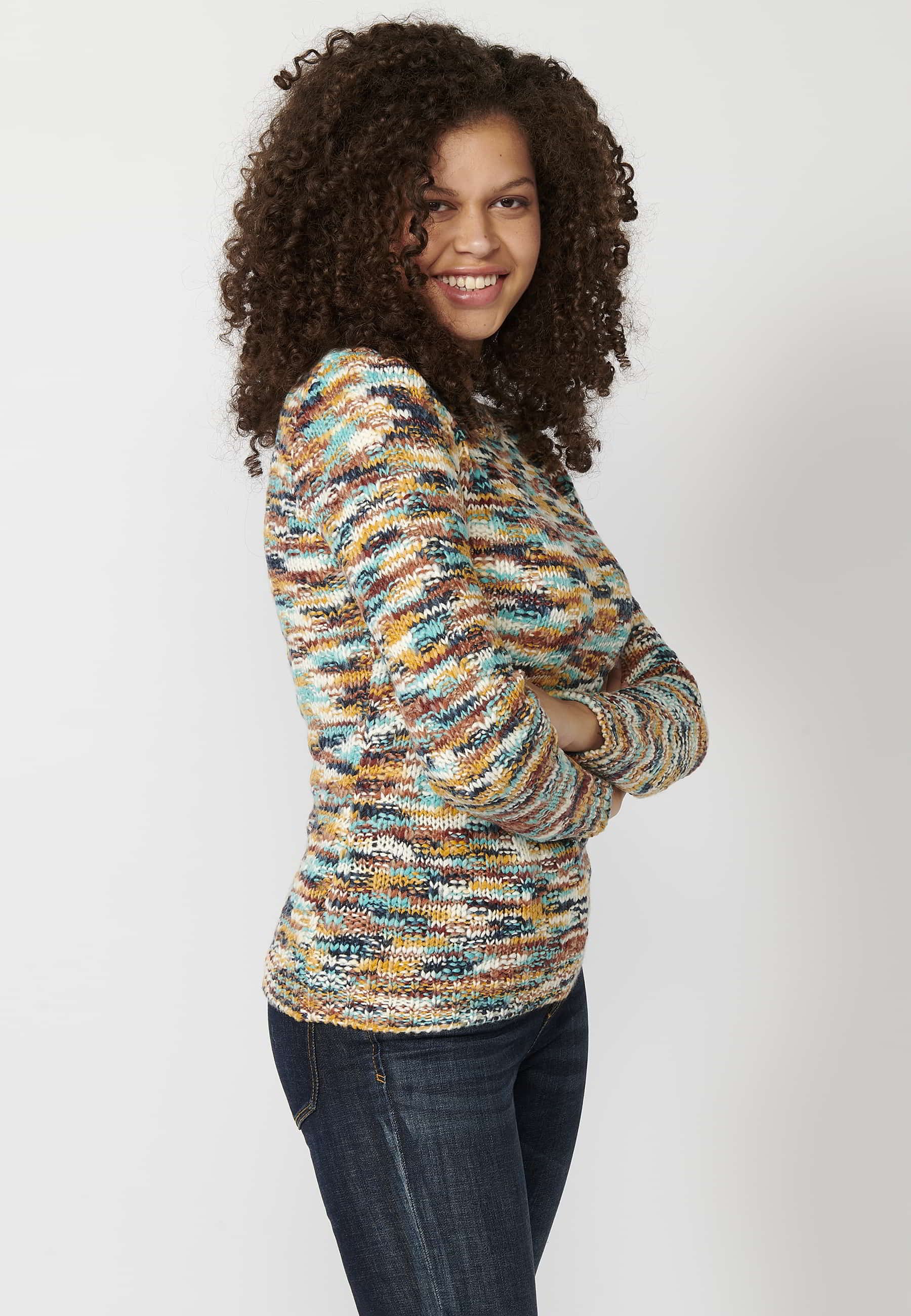 Multicolor Round Neck Long Sleeve Sweater for Women