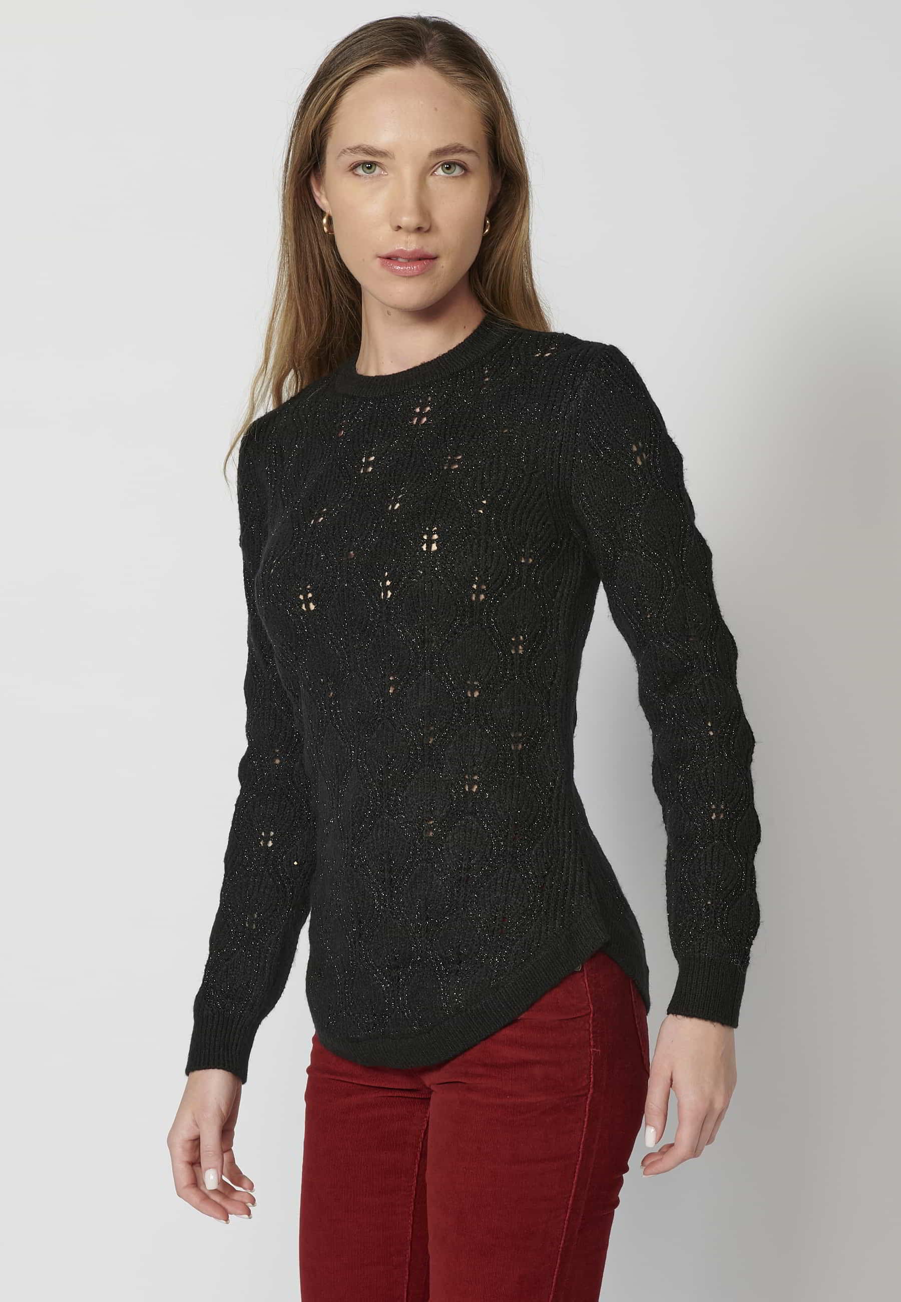 Schwarzer, durchbrochener, langärmliger Rundhalspullover für Damen 1