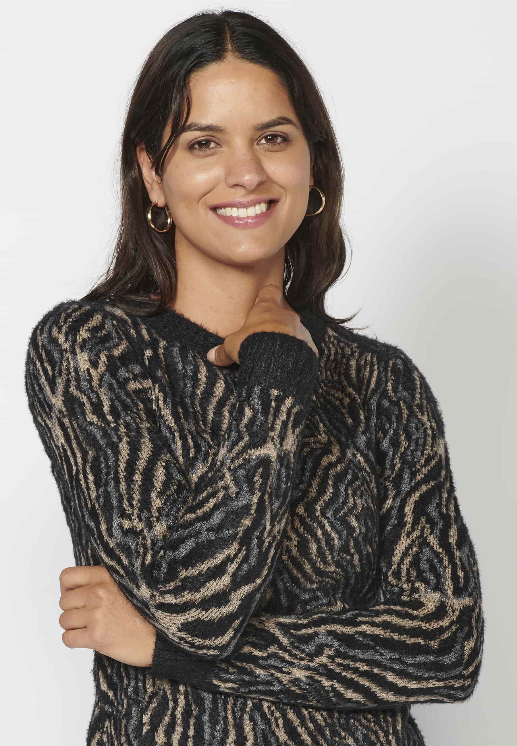 Jersei de punt de màniga llarga estampat animal print color Negre per a Dona