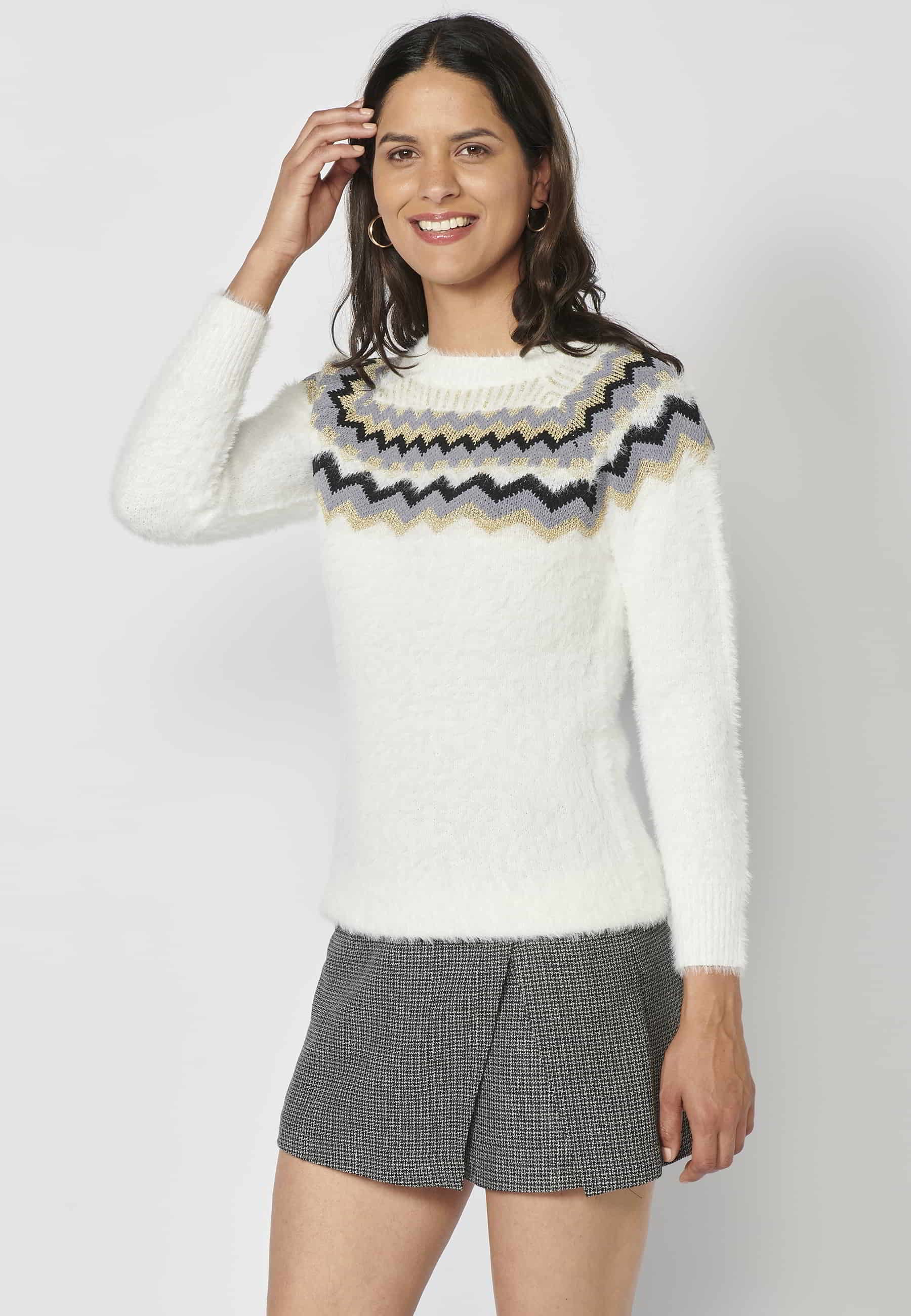 Jersey de punto manga larga de cuello redondo color crudo para mujer | Moda Actual