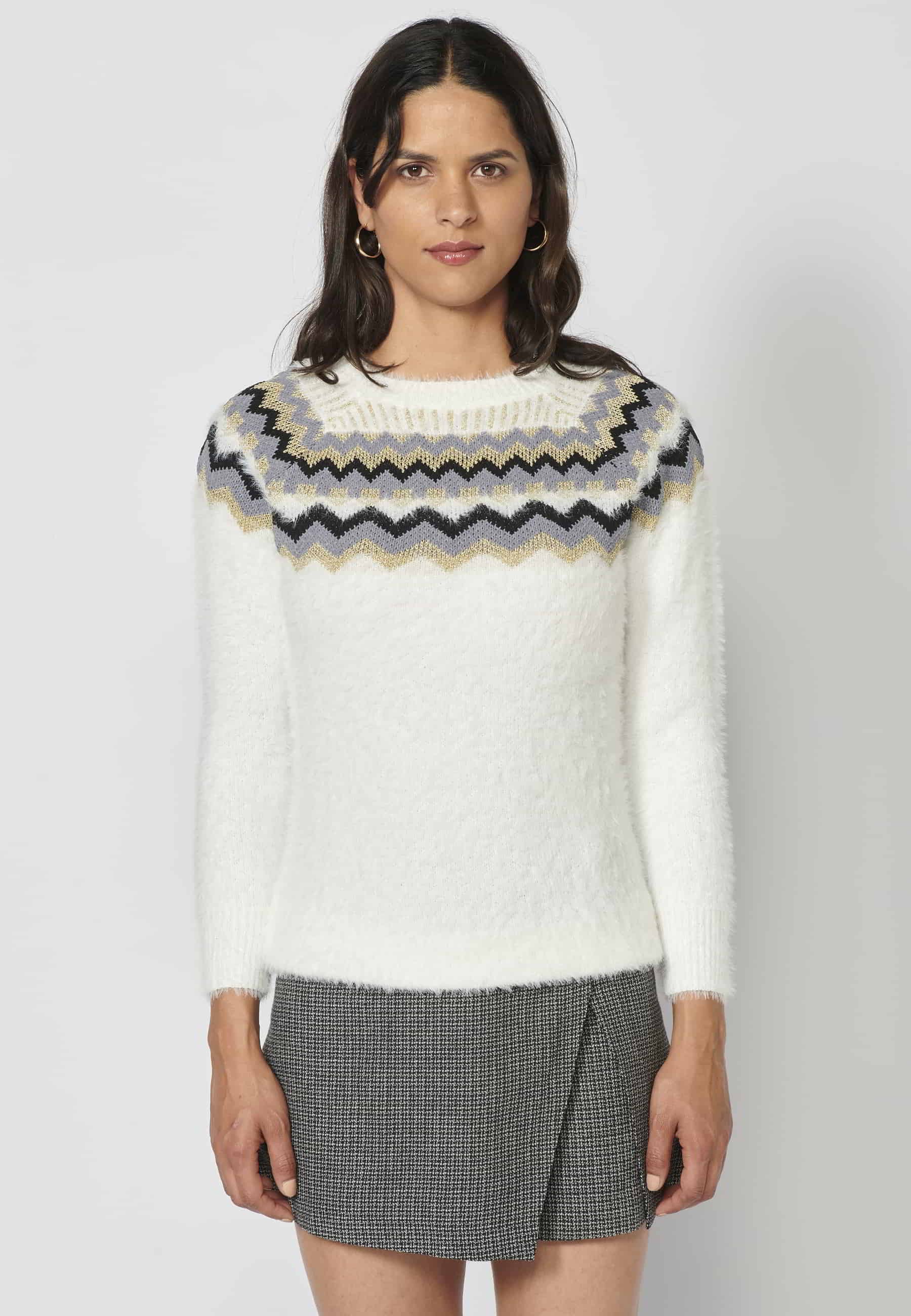 Jersey de punto manga larga de cuello redondo color crudo para mujer | Moda Actual