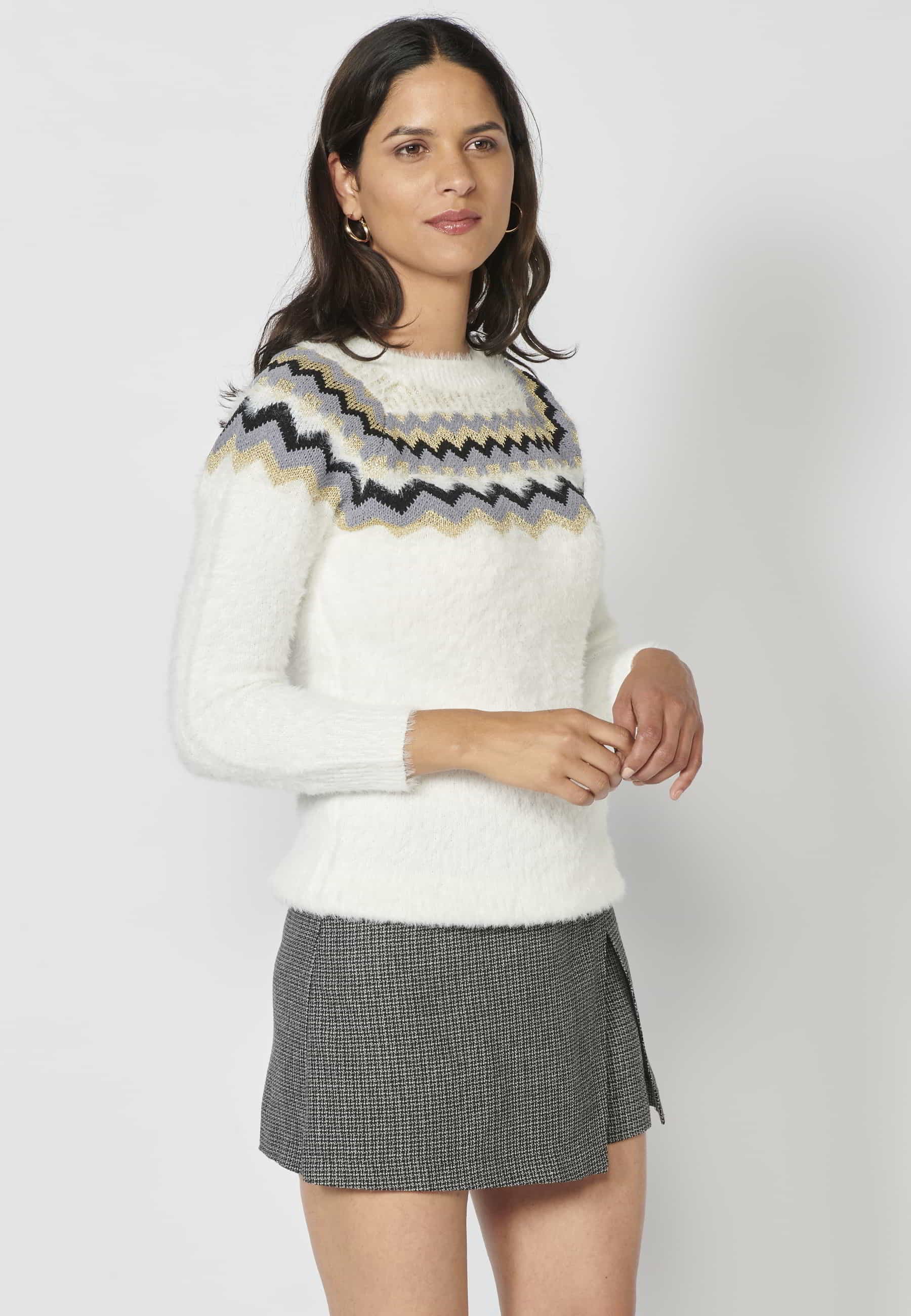 Jersey de punto manga larga de cuello redondo color crudo para mujer | Moda Actual