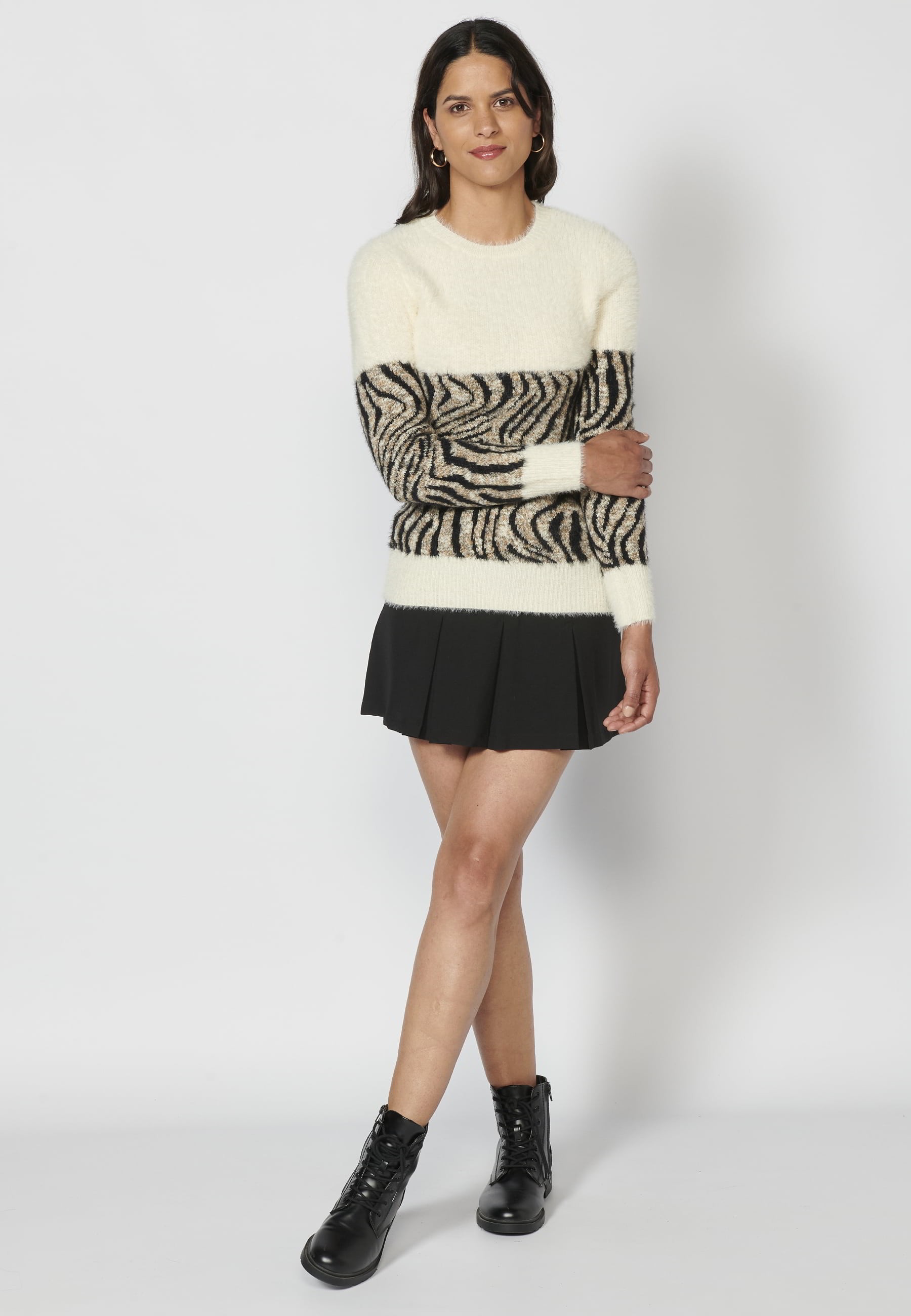 Jersei de màniga llarga amb estampat d'animal print color Cru per a Dona