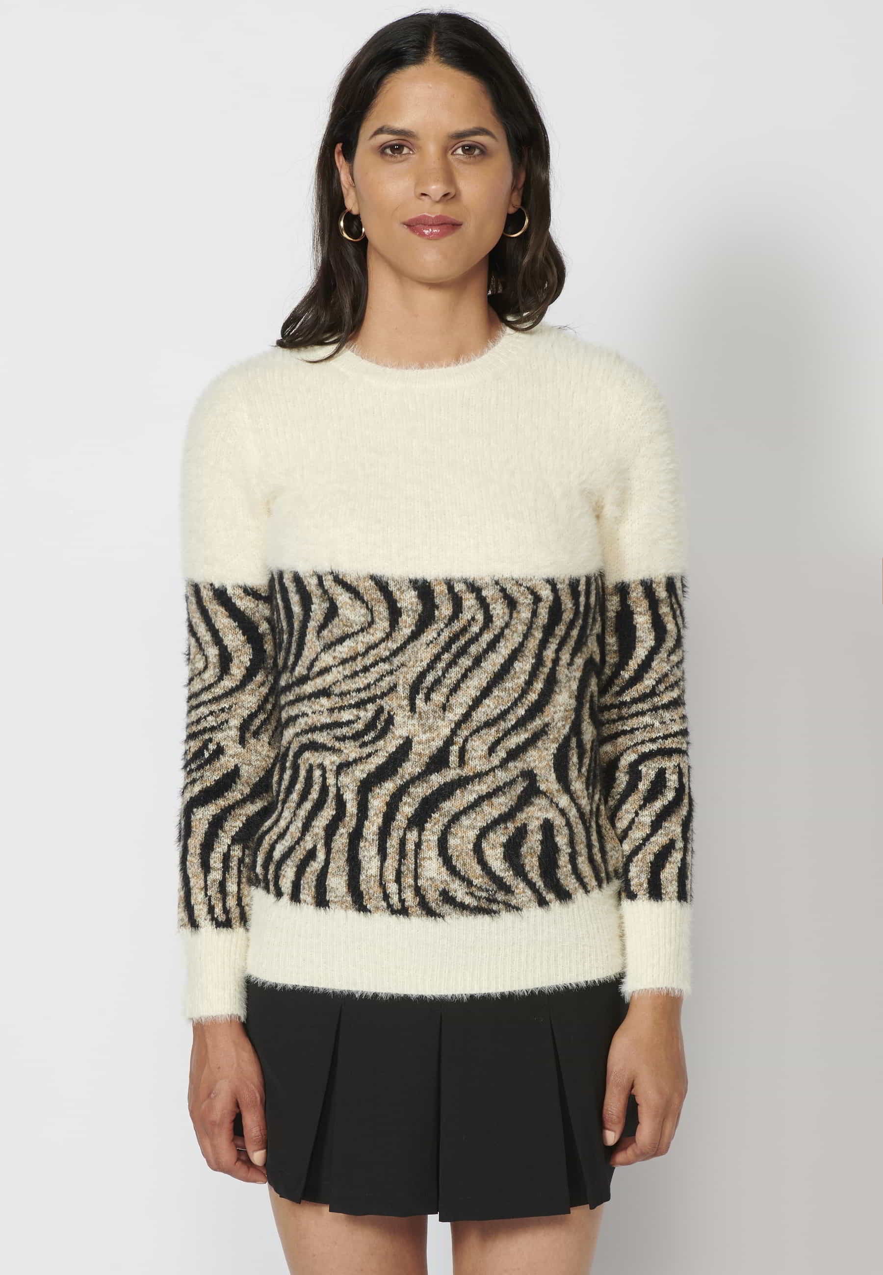 Jersei de màniga llarga amb estampat d'animal print color Cru per a Dona