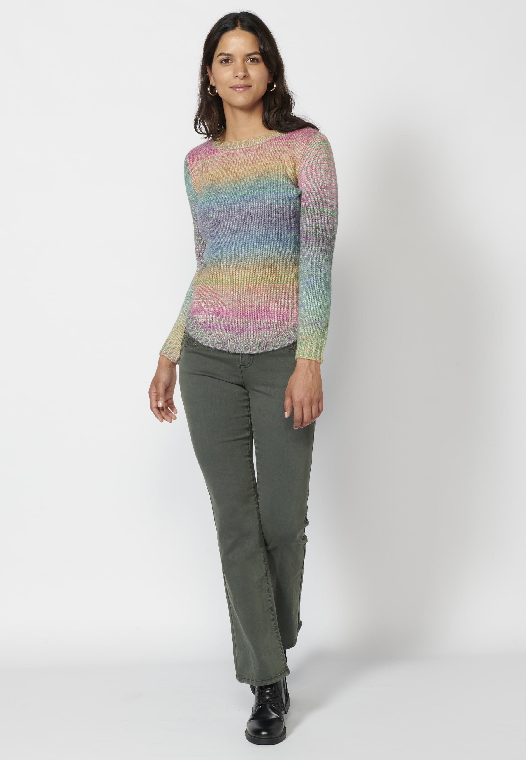 Pull en maille à manches longues et rayures multicolores pour Femme