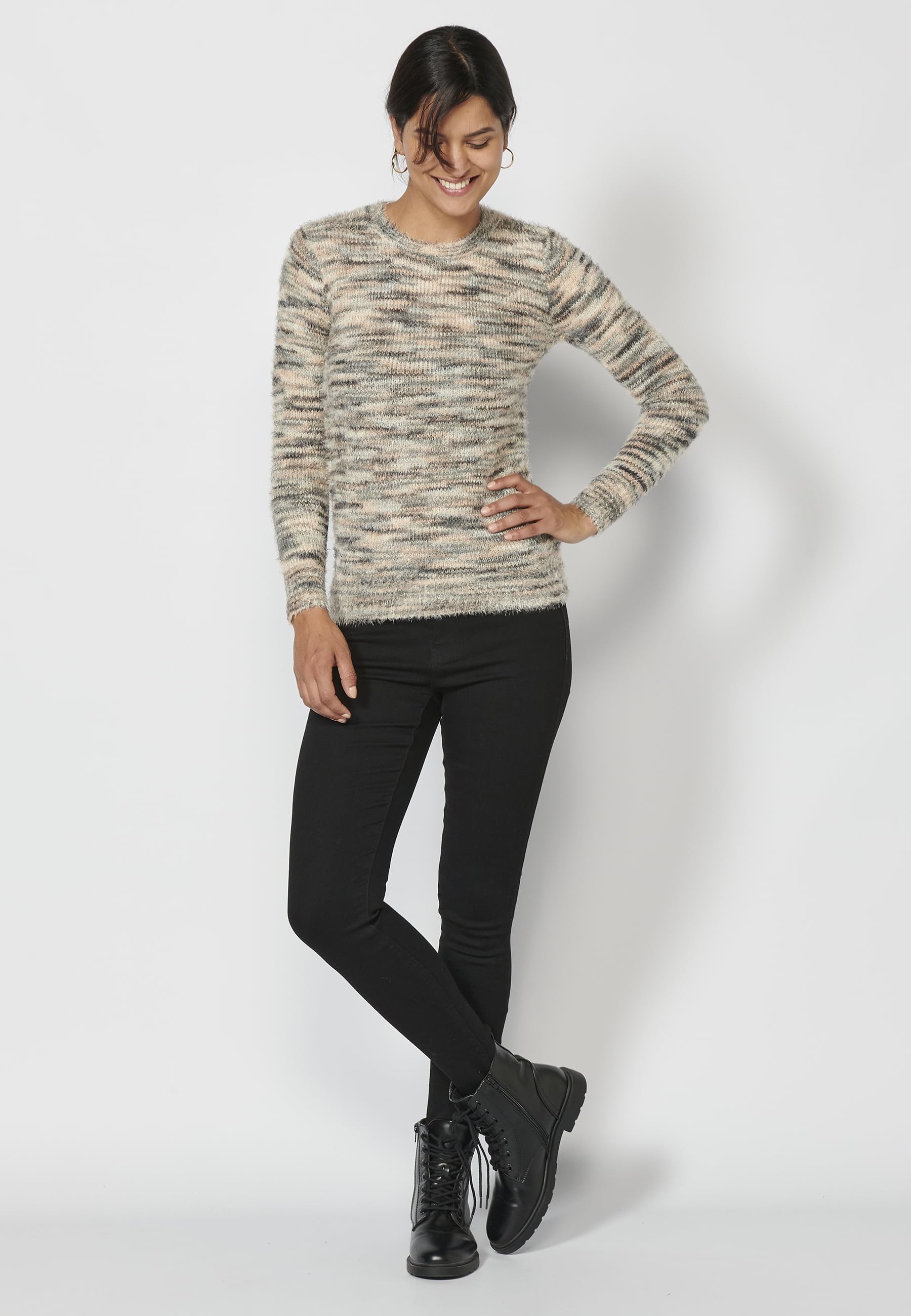 Jersey de punto de manga larga jaspeado color tostado para mujer | Moda Actual