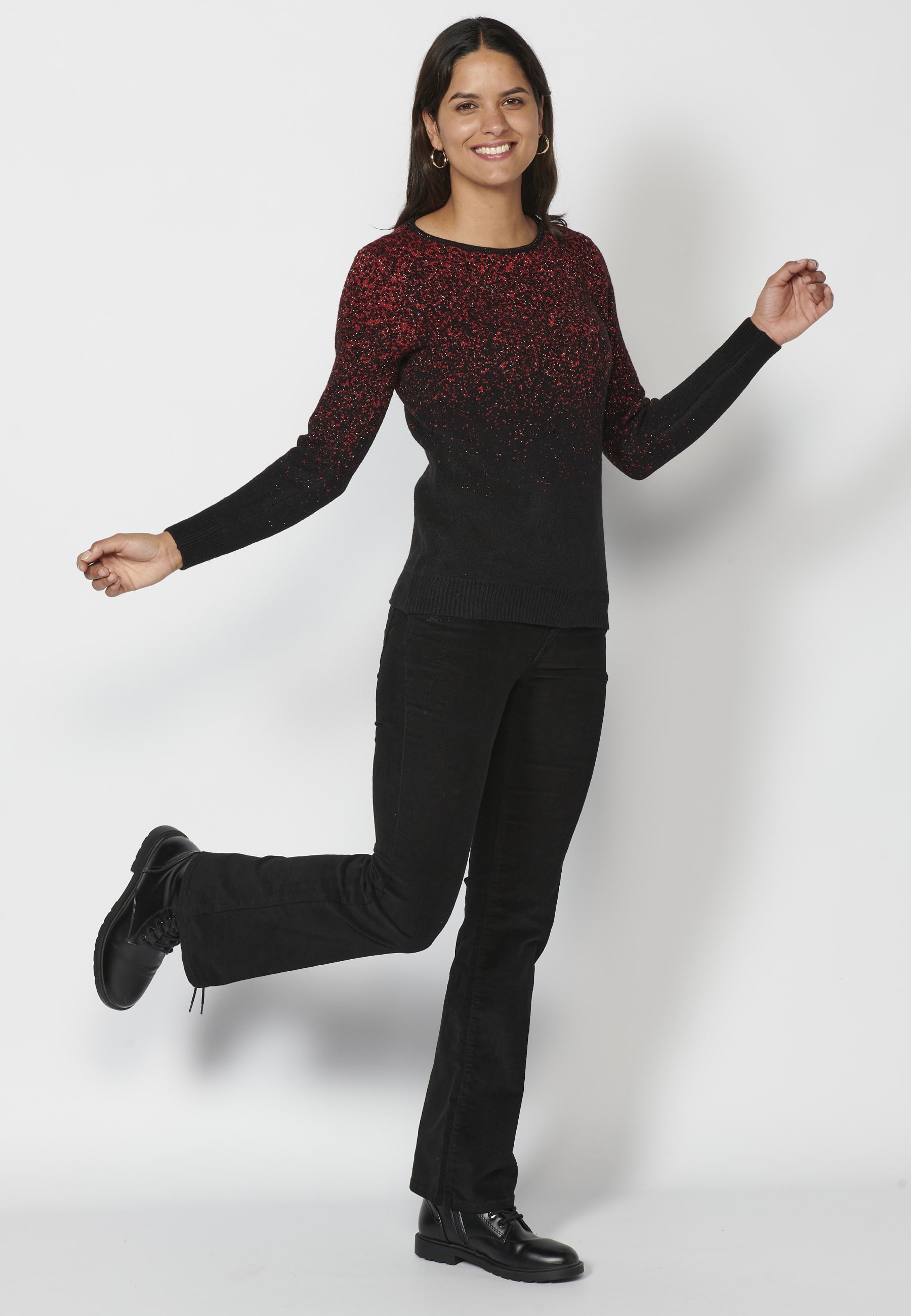 Roter zweifarbig marmorierter Langarm-Strickpullover für Damen