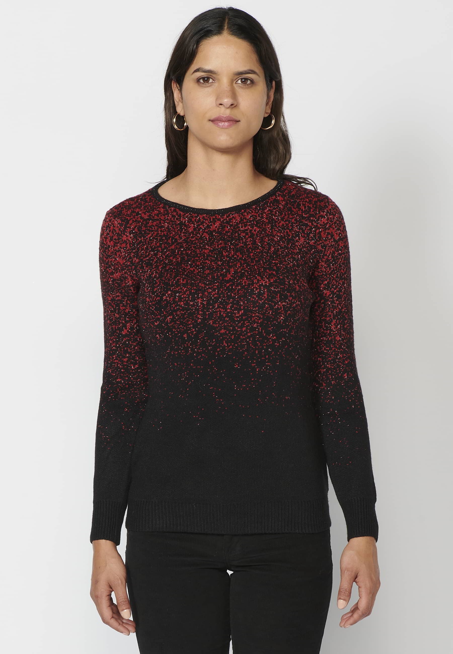 Roter zweifarbig marmorierter Langarm-Strickpullover für Damen