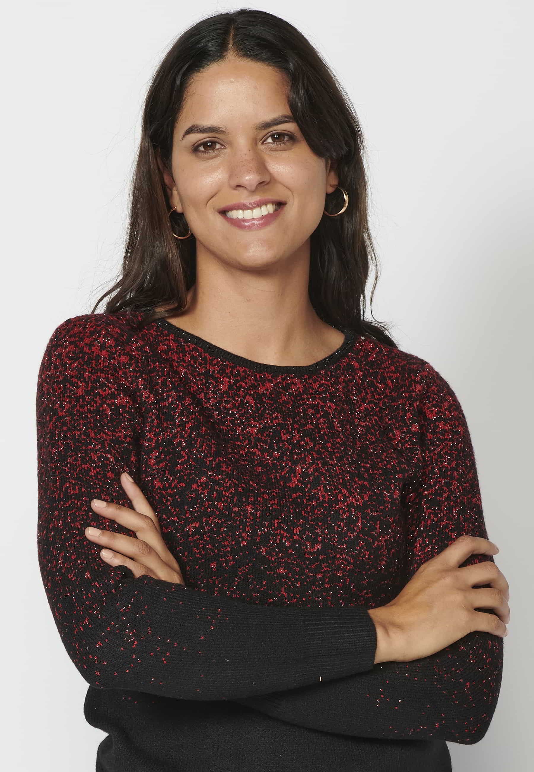 Roter zweifarbig marmorierter Langarm-Strickpullover für Damen