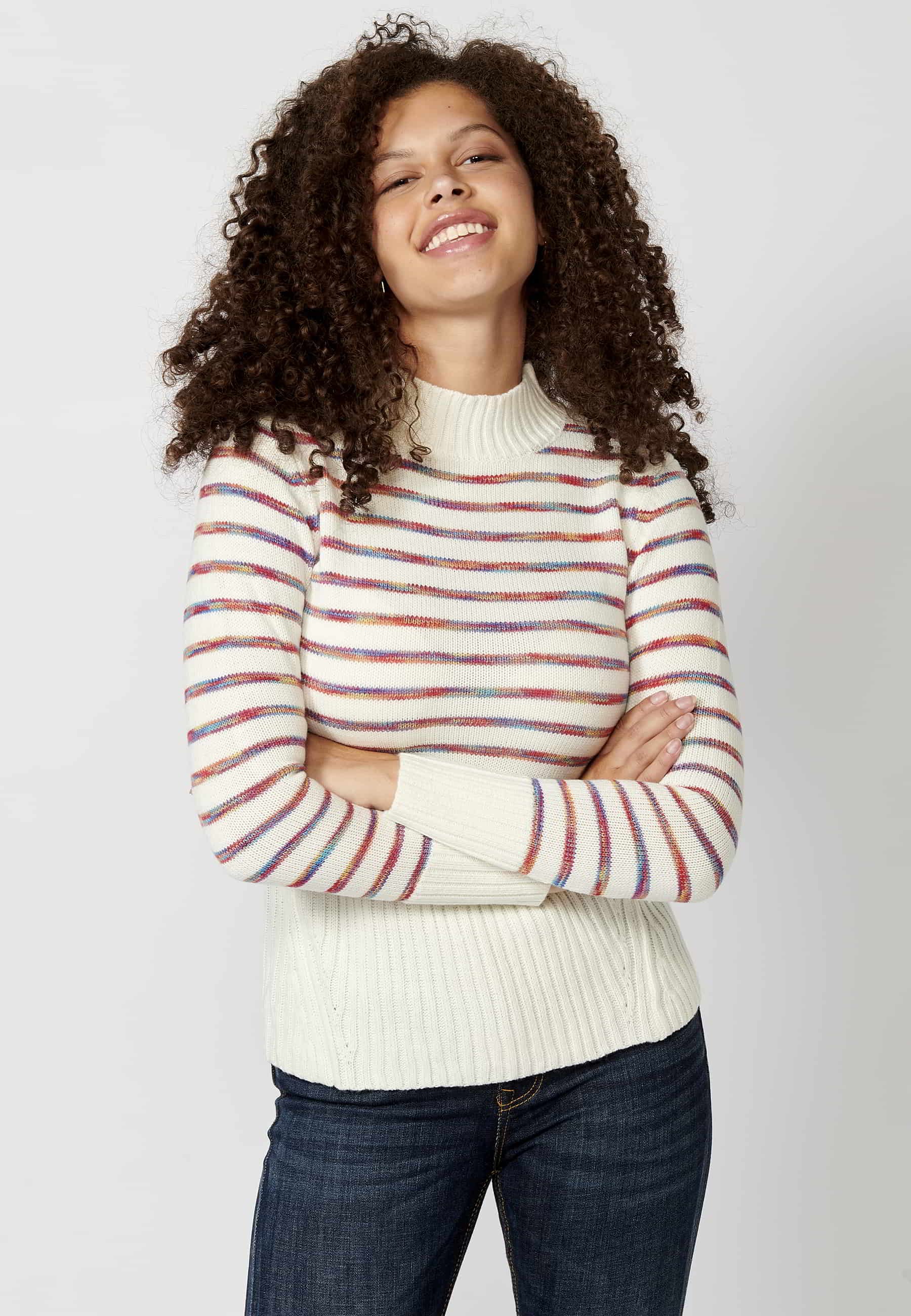 Ecru striped high neck long sleeve tricot sweater for Women