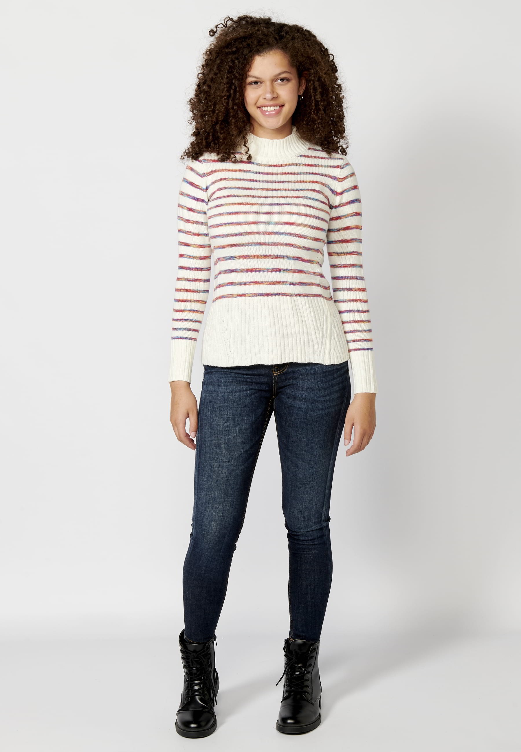 Ecru striped high neck long sleeve tricot sweater for Women