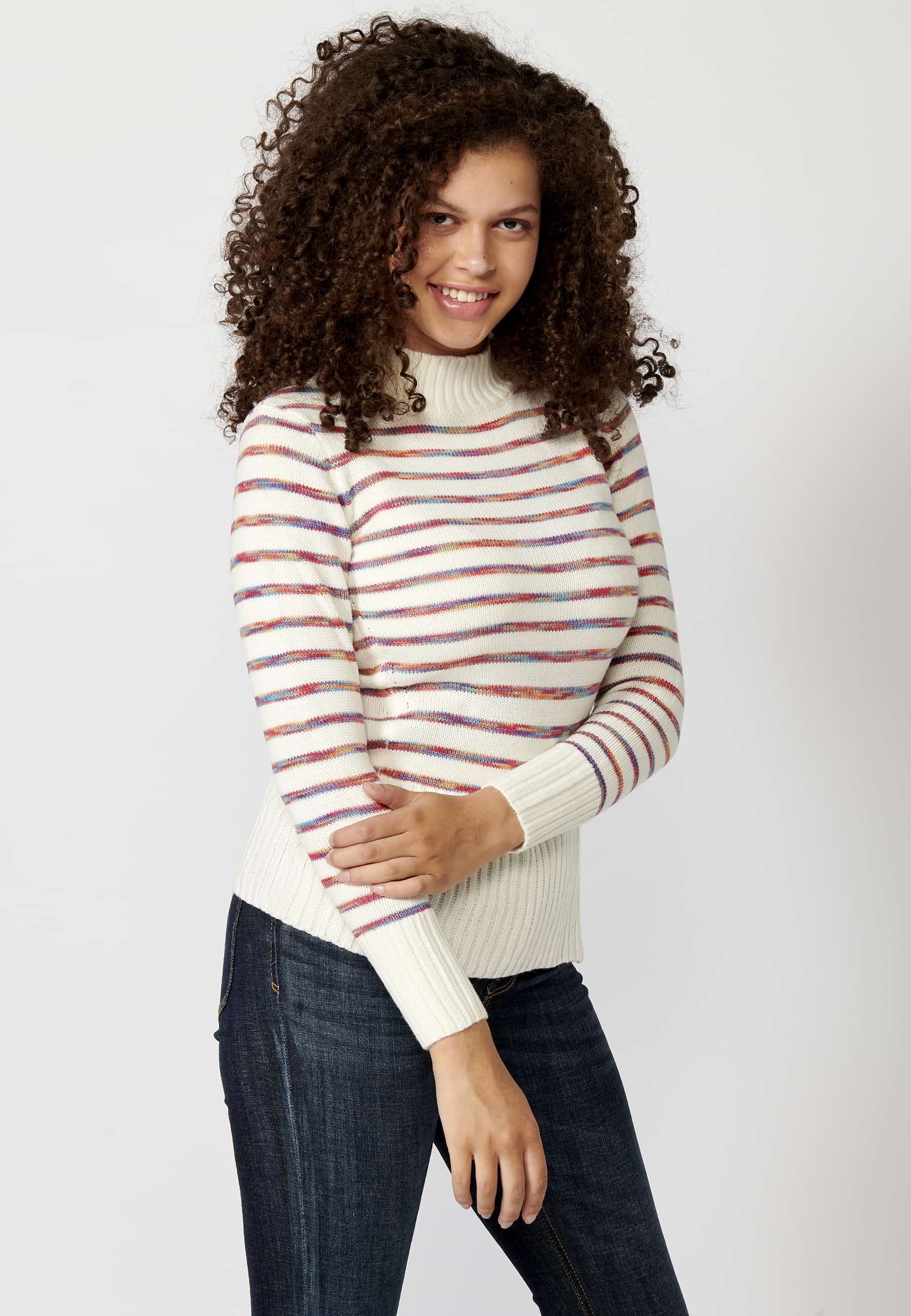 Ecru striped high neck long sleeve tricot sweater for Women