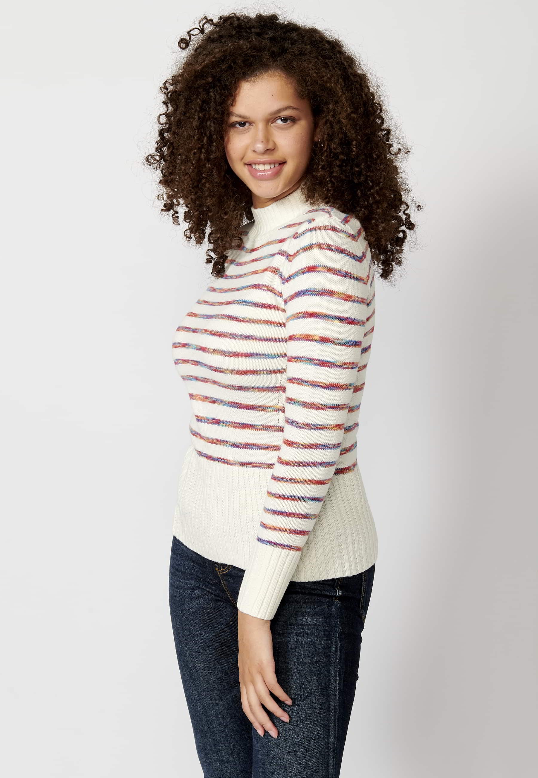 Ecru striped high neck long sleeve tricot sweater for Women