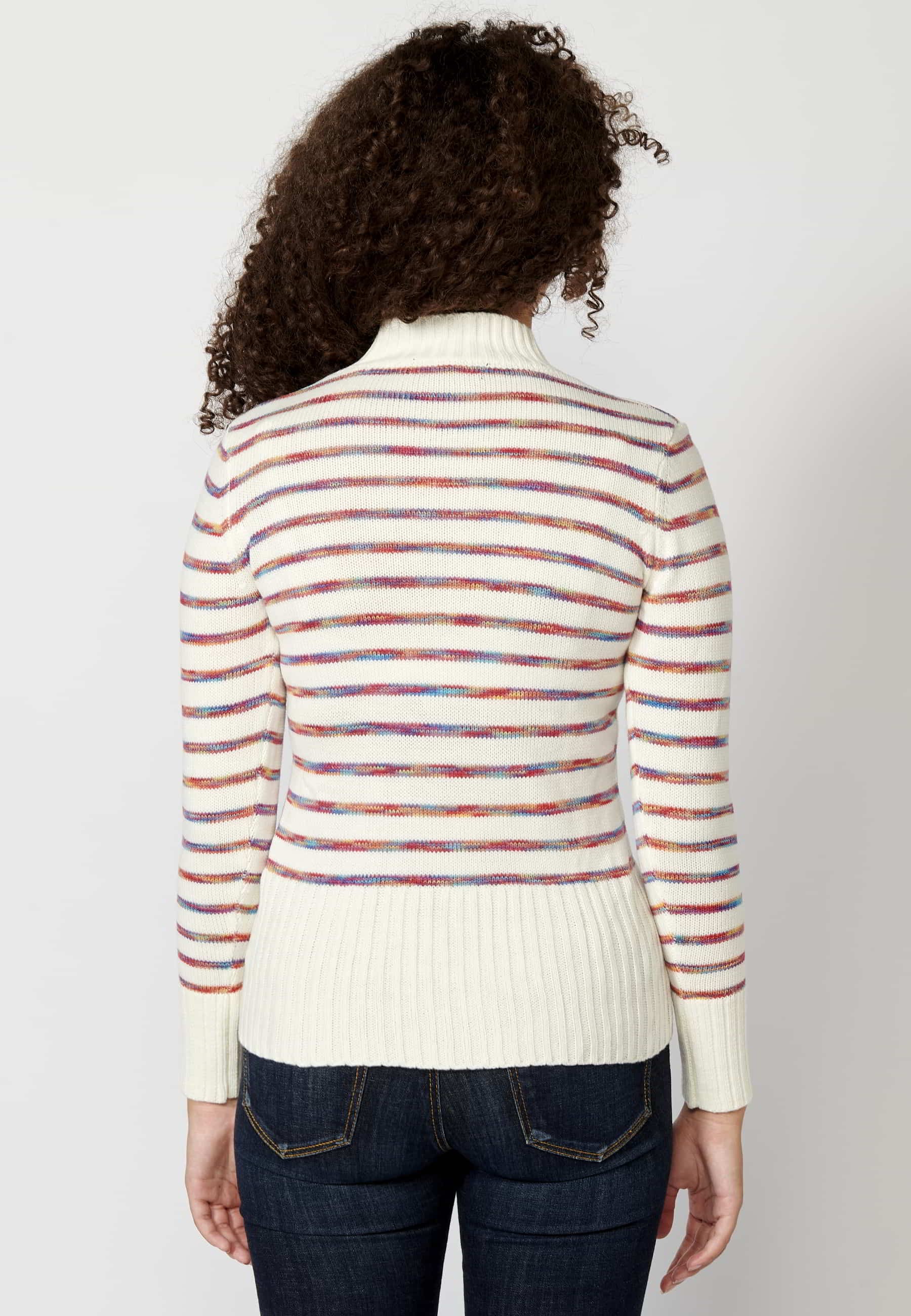 Ecru striped high neck long sleeve tricot sweater for Women