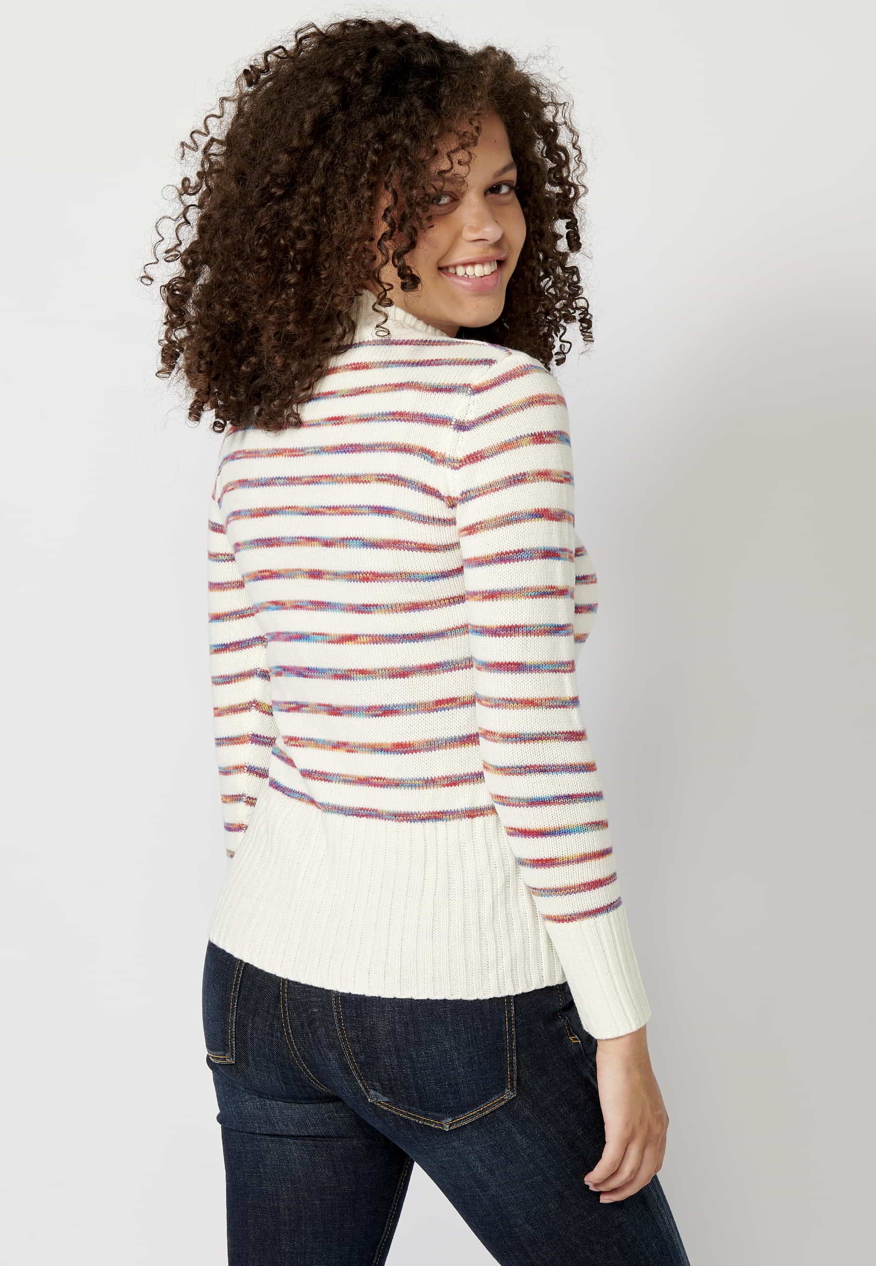 Ecru striped high neck long sleeve tricot sweater for Women