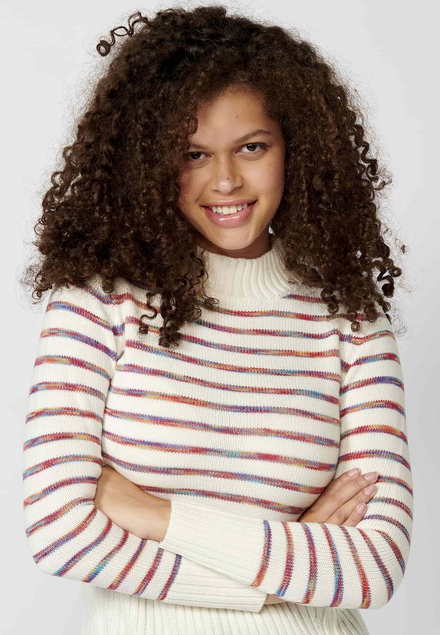 Ecru striped high neck long sleeve tricot sweater for Women 8