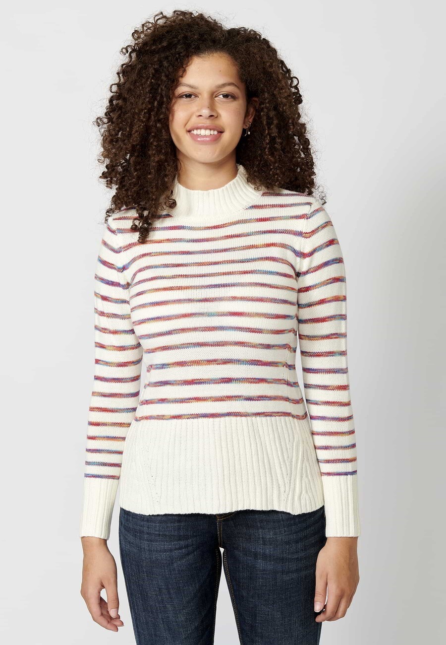 Ecru striped high neck long sleeve tricot sweater for Women