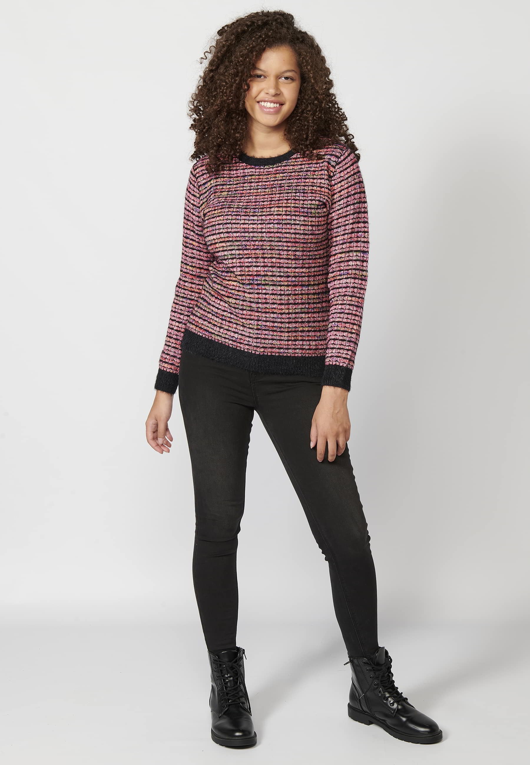 Pull en tricot à manches longues et col rond gaufré multicolore pour Femme