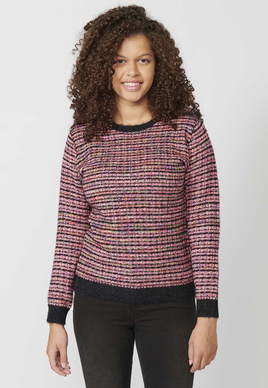 Pull en tricot à manches longues et col rond gaufré multicolore pour Femme 5