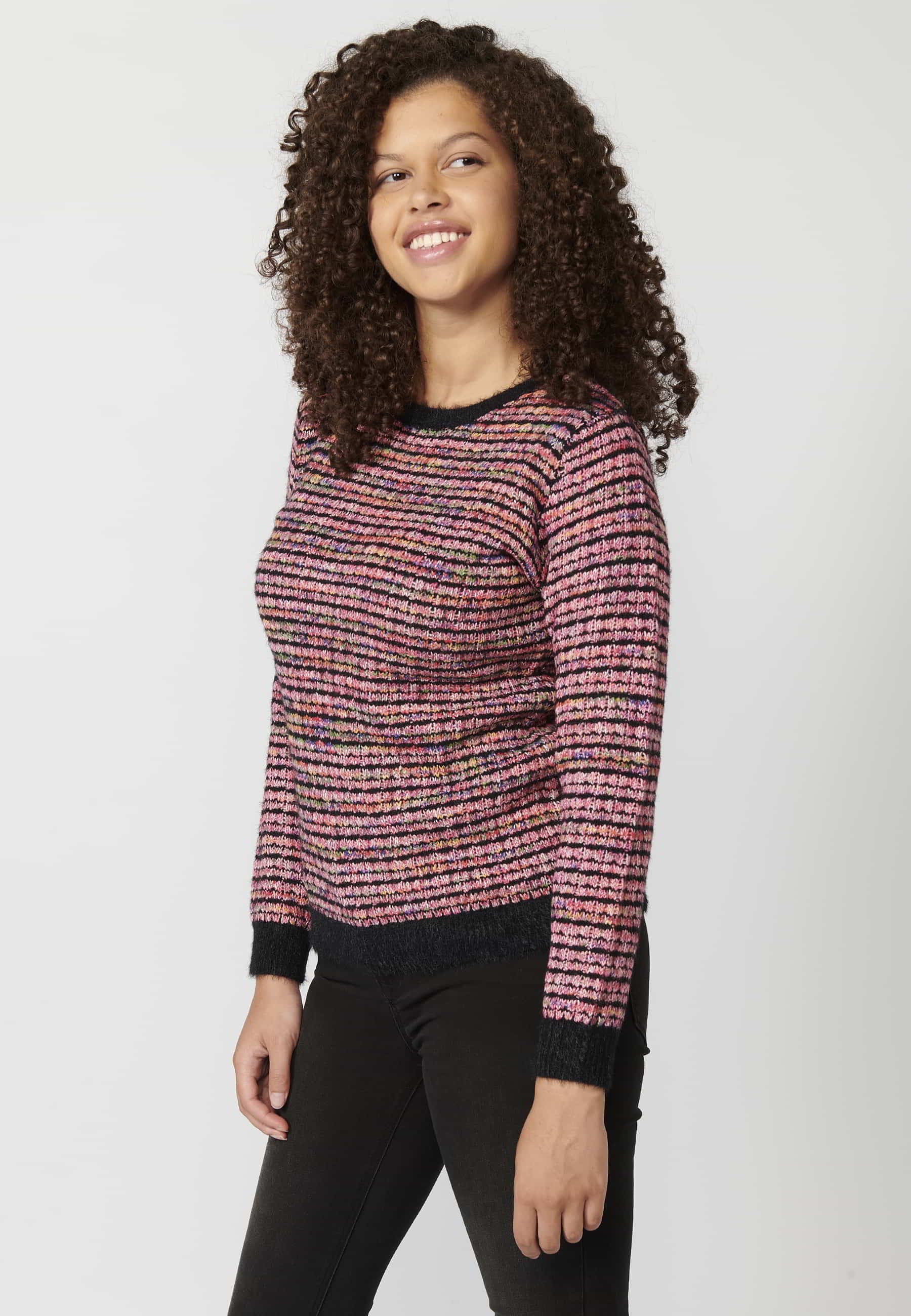 Pull en tricot à manches longues et col rond gaufré multicolore pour Femme