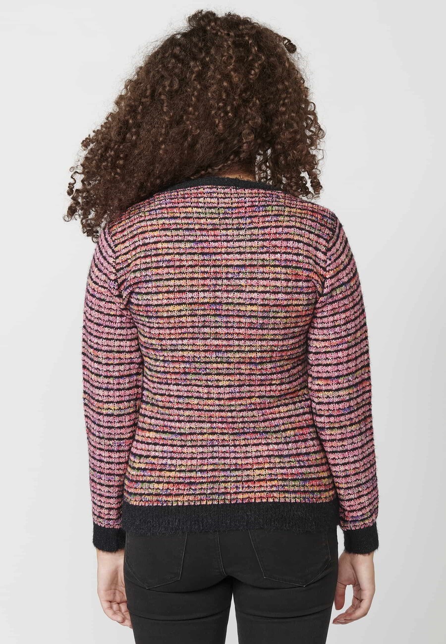 Pull en tricot à manches longues et col rond gaufré multicolore pour Femme 6