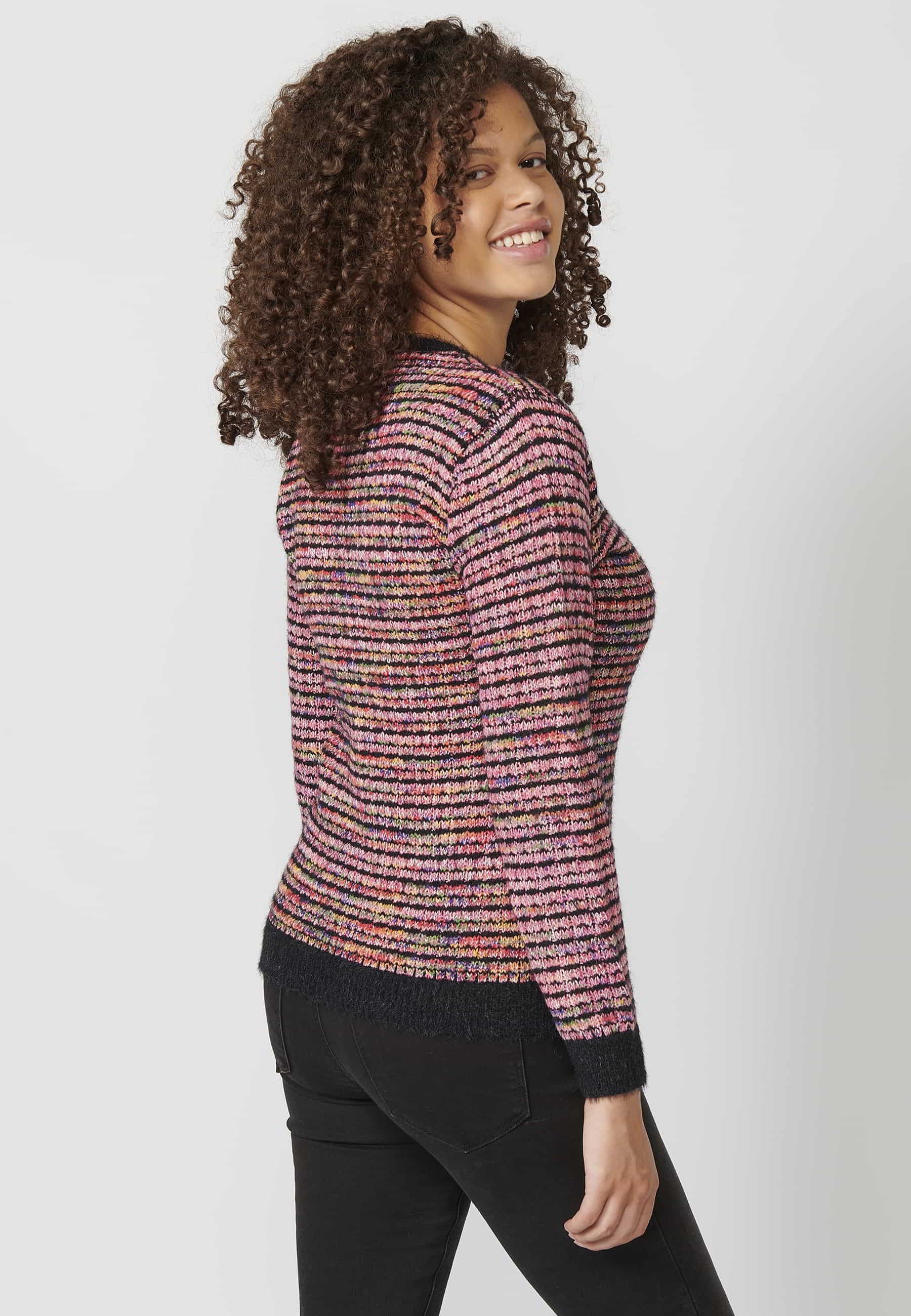 Pull en tricot à manches longues et col rond gaufré multicolore pour Femme