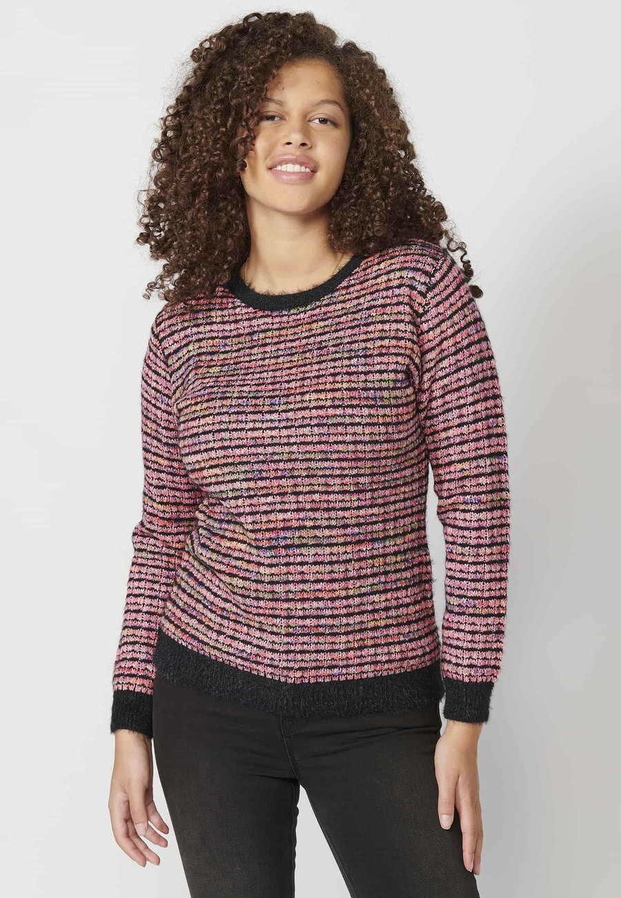 Pull en tricot à manches longues et col rond gaufré multicolore pour Femme 4