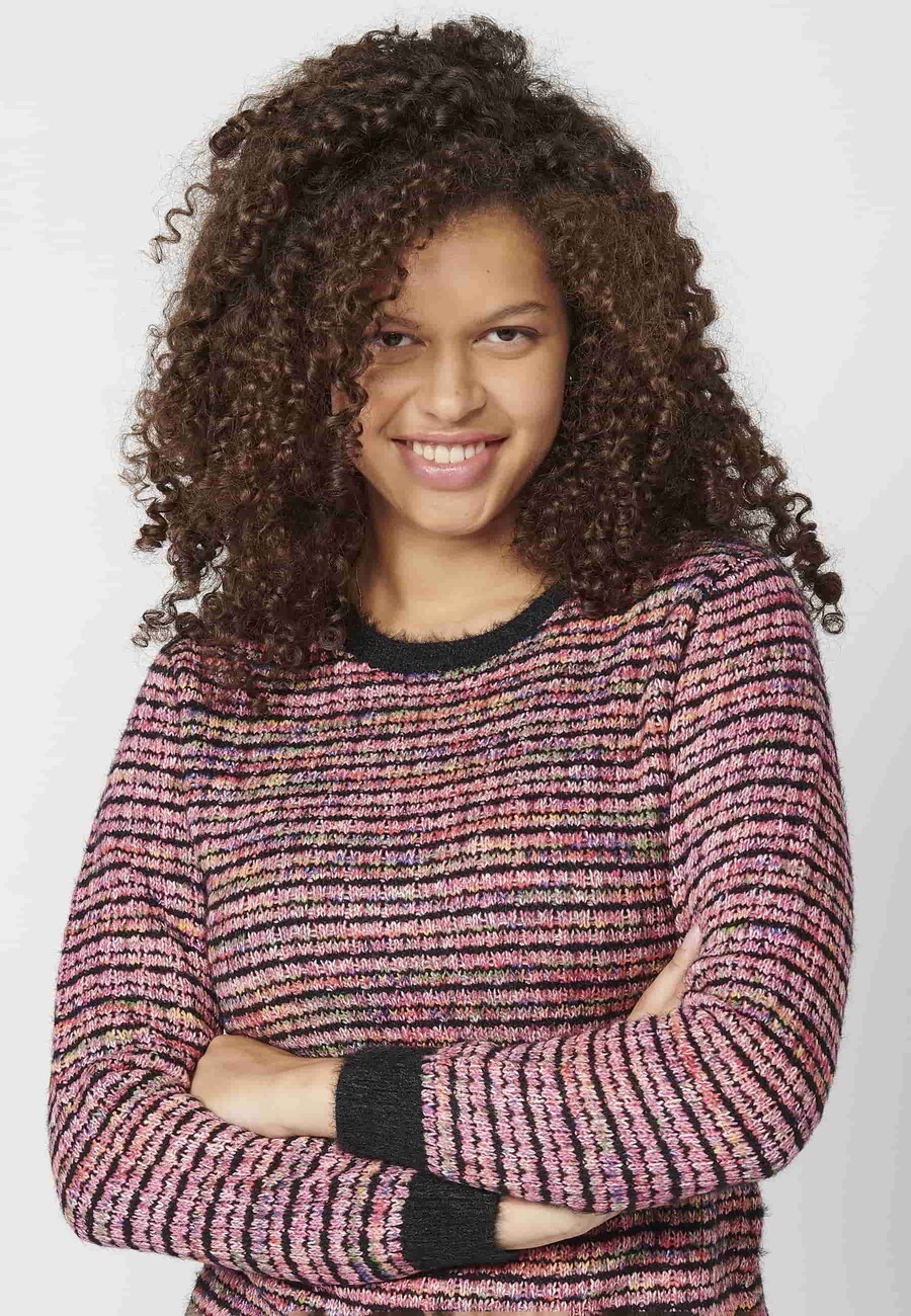 Pull en tricot à manches longues et col rond gaufré multicolore pour Femme 7