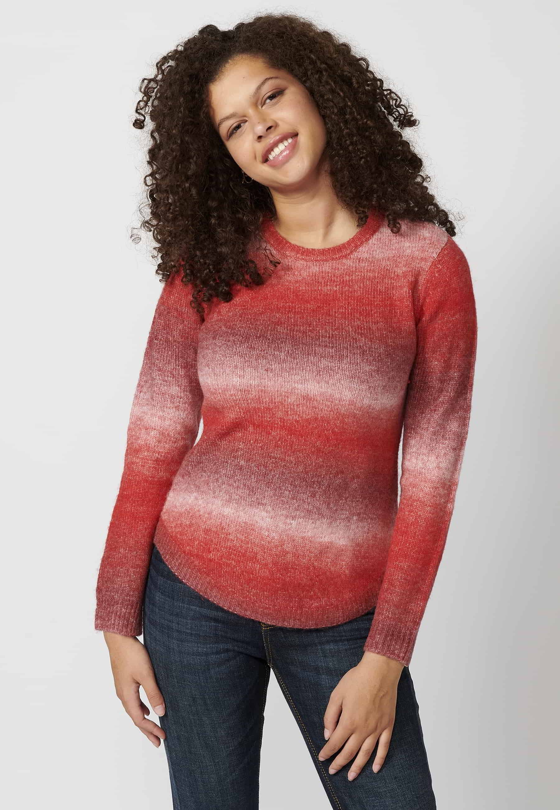 Pull col rond manches longues à rayures dégradées en Rouge pour Femme