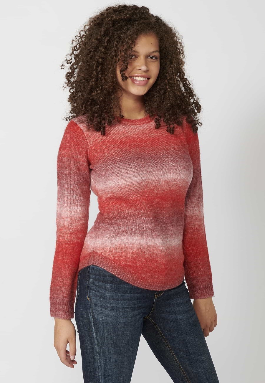 Pull col rond manches longues à rayures dégradées en Rouge pour Femme 7