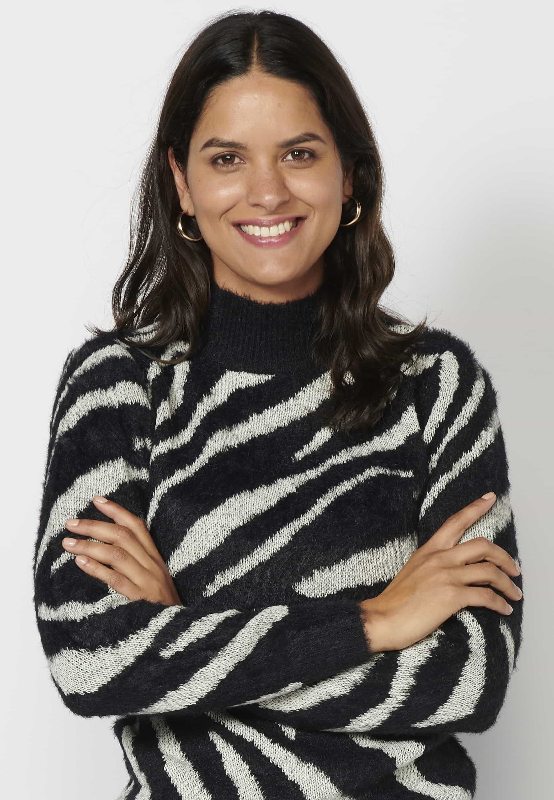 Black animal print long-sleeved sweater for Women