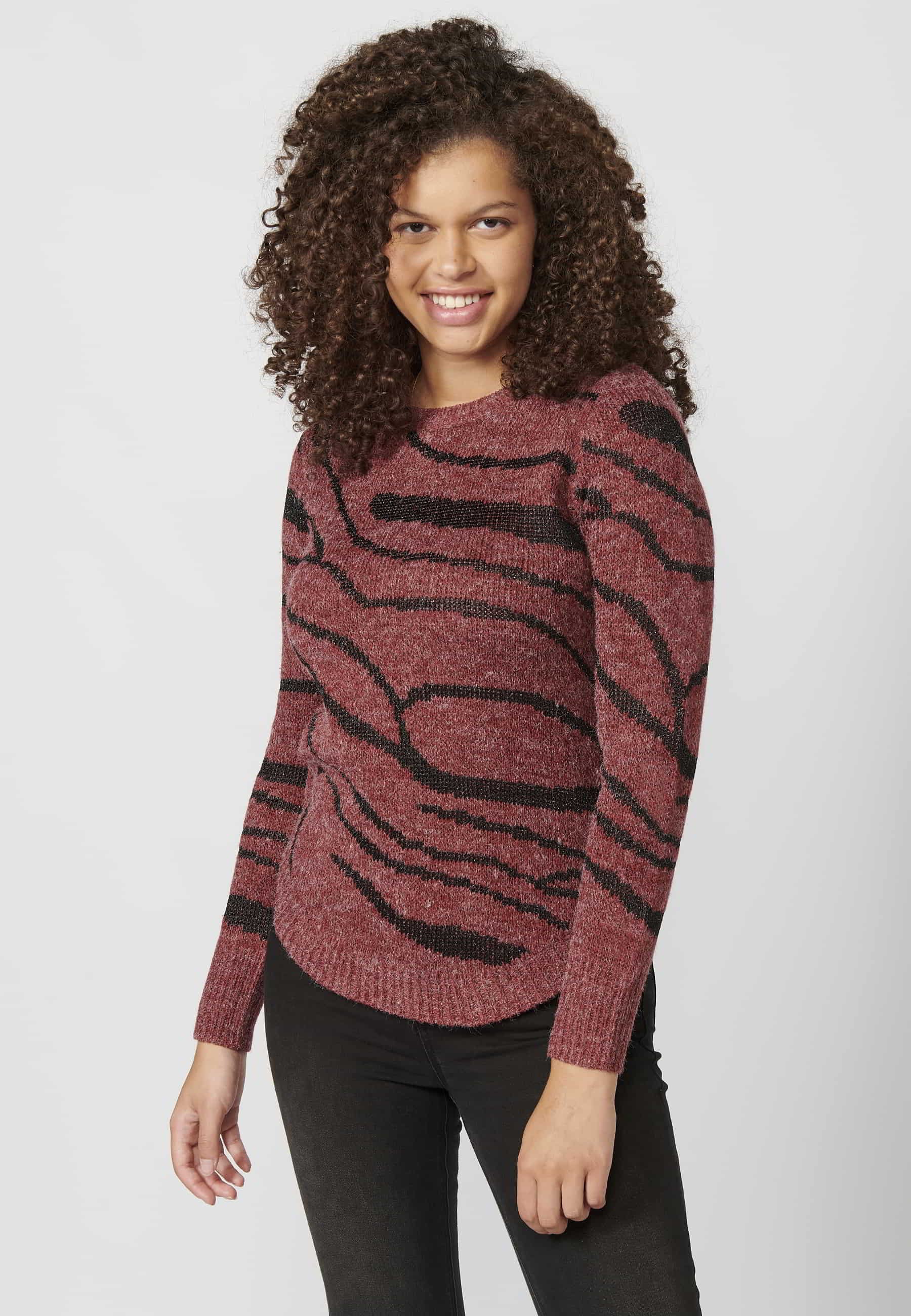Maroon animal print round neck long sleeve tricot sweater for Women