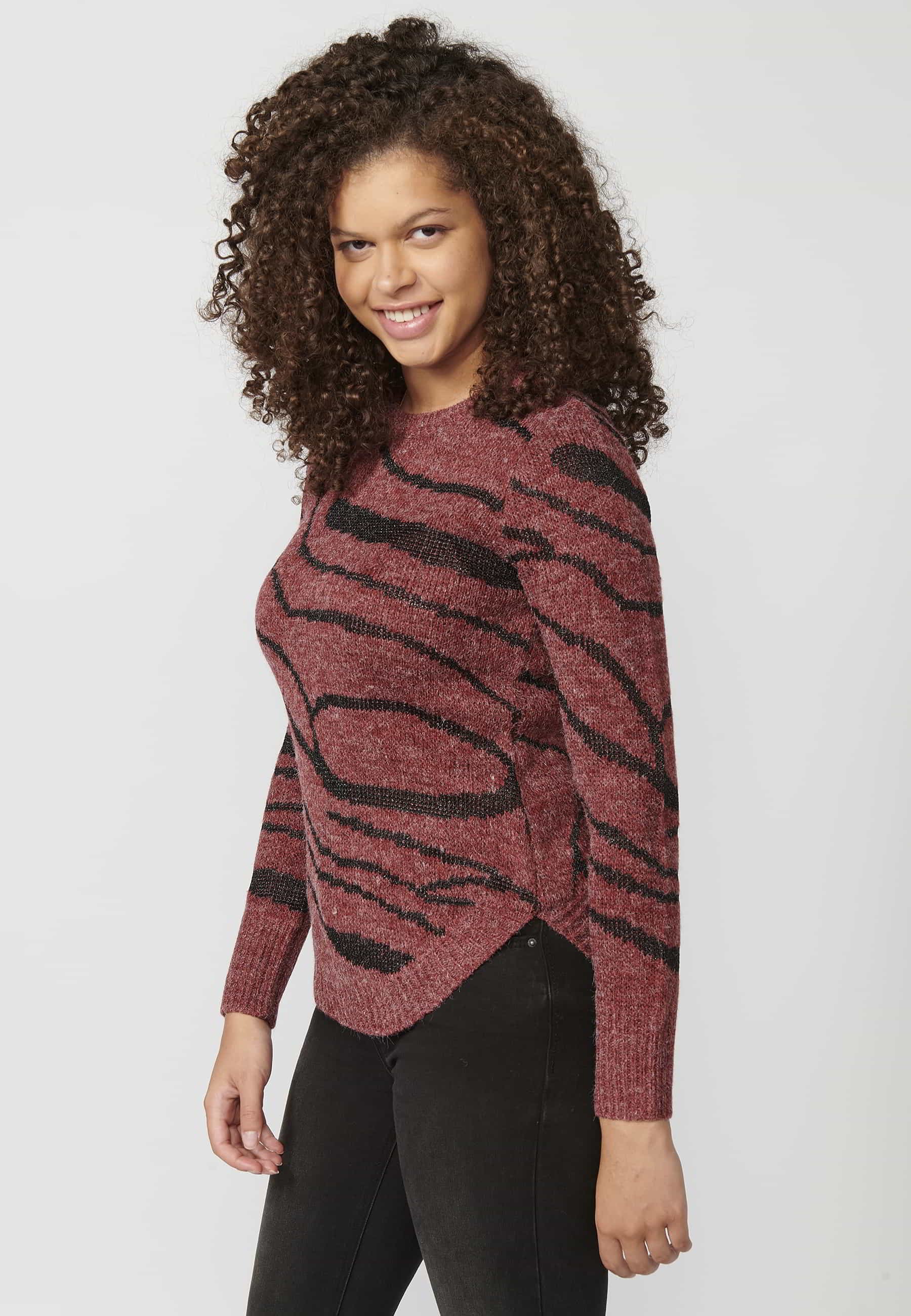 Maroon animal print round neck long sleeve tricot sweater for Women