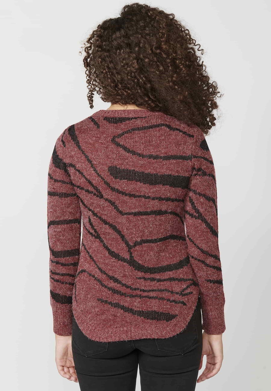 Maroon animal print round neck long sleeve tricot sweater for Women 8