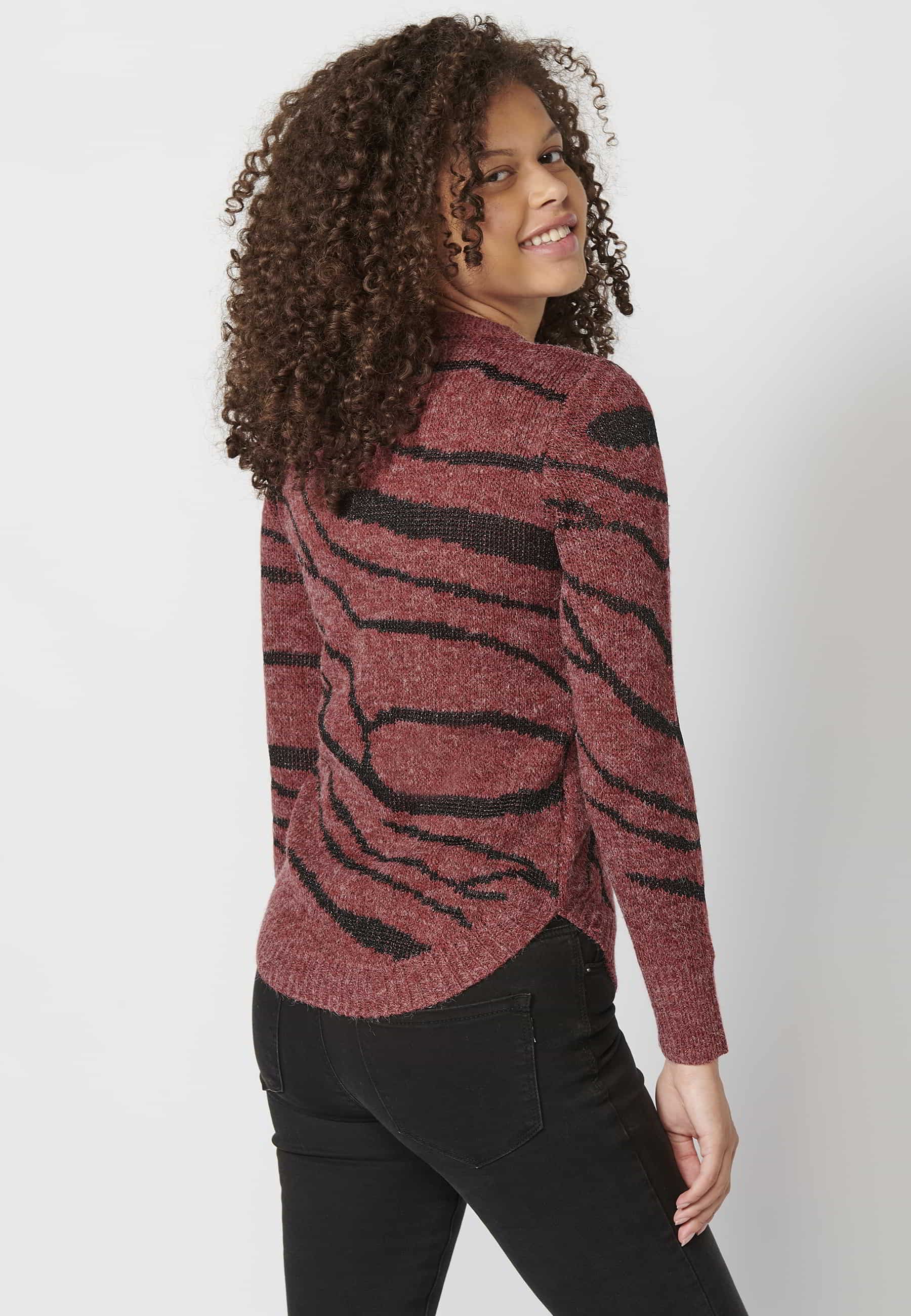 Maroon animal print round neck long sleeve tricot sweater for Women