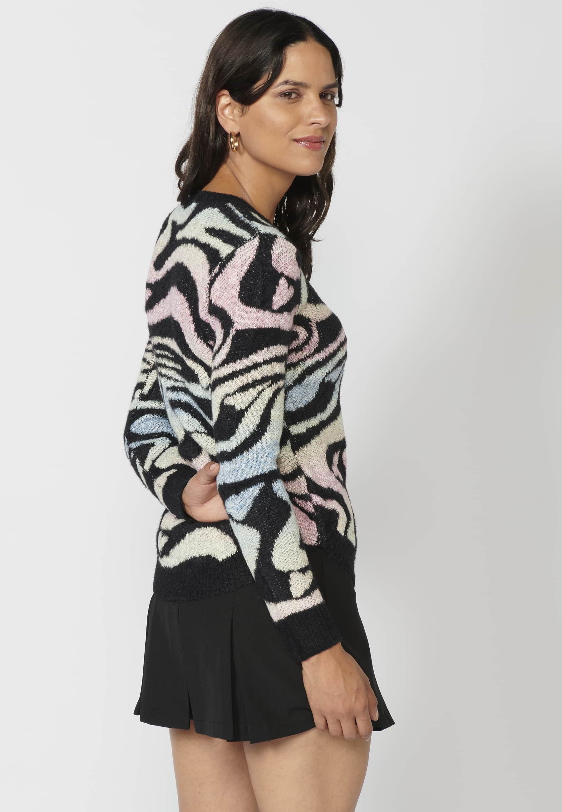 Pull manches longues imprimé animal multicolore pour Femme