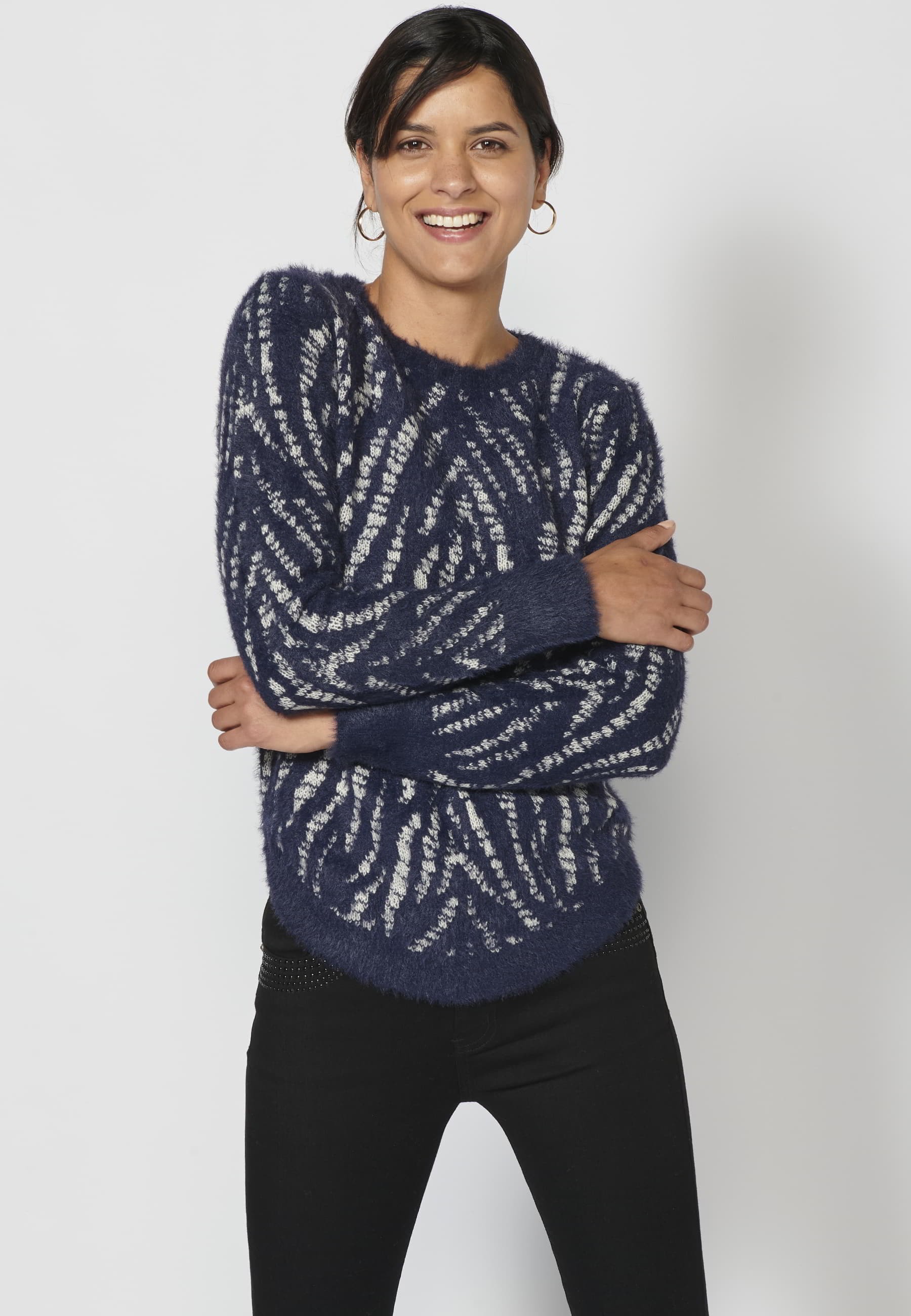 Navy long-sleeved sweater with animal print for Woman